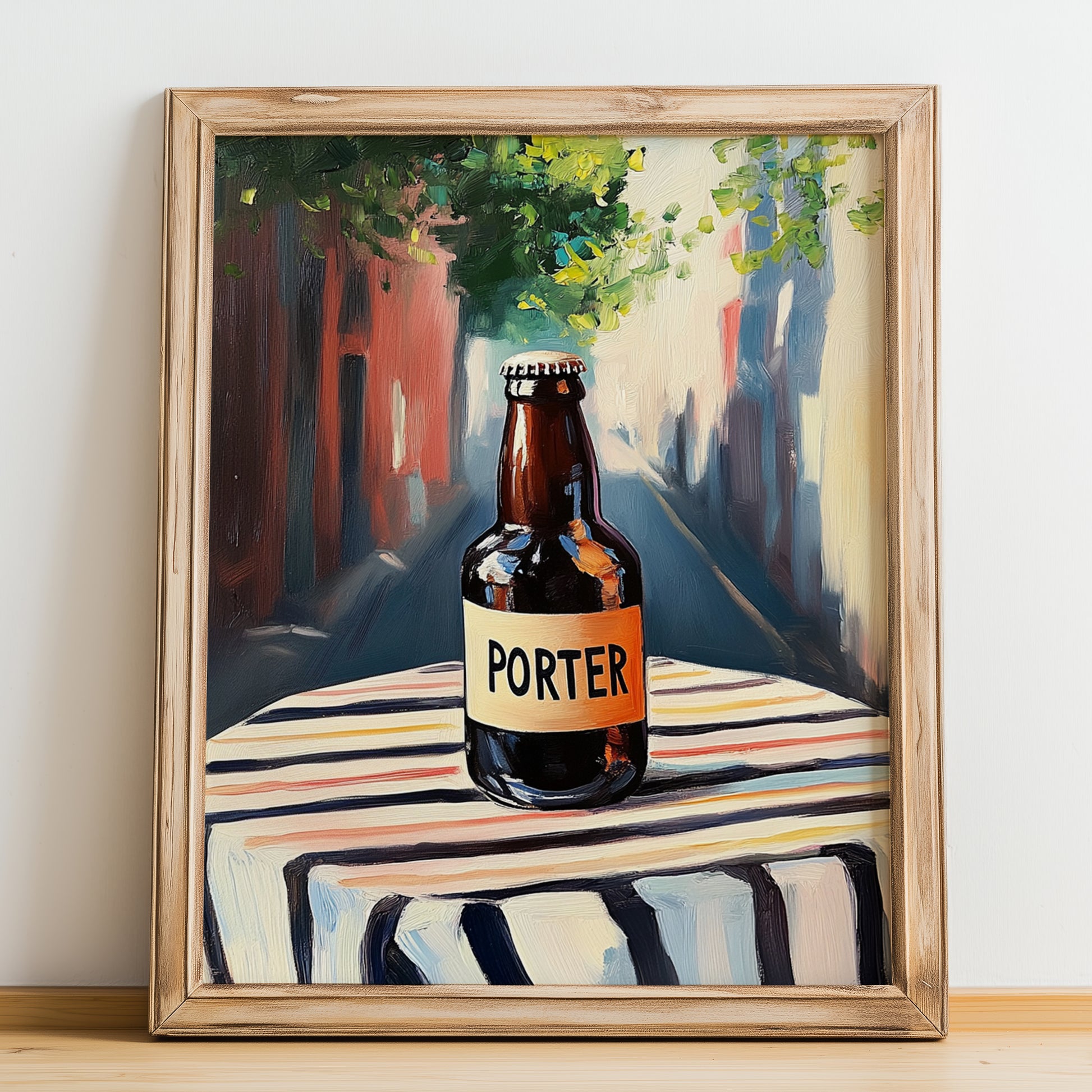 Porter – English Urban Café Scene, English Beer Poster, no-text version framed in wood