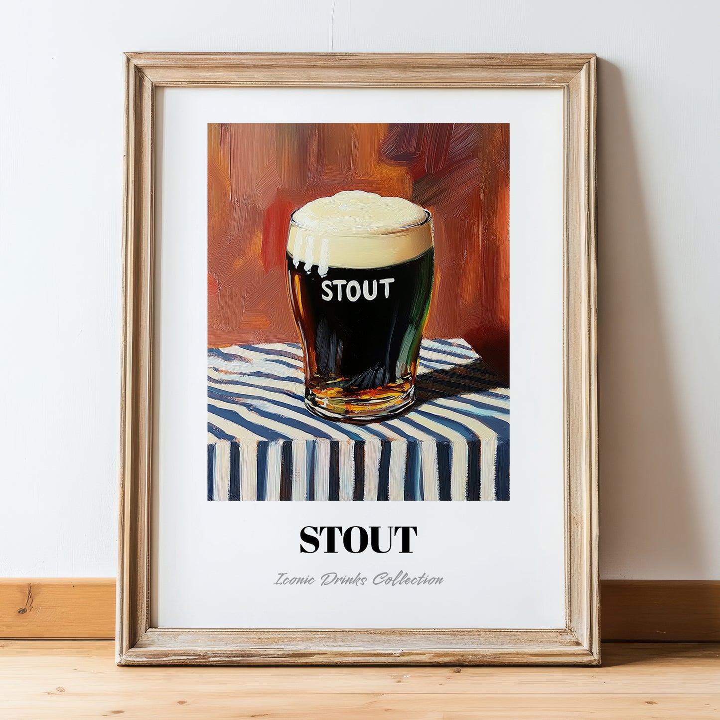 Stout – on Striped Tablecloth, English Beer Painting, in wooden frame leaning on the floor