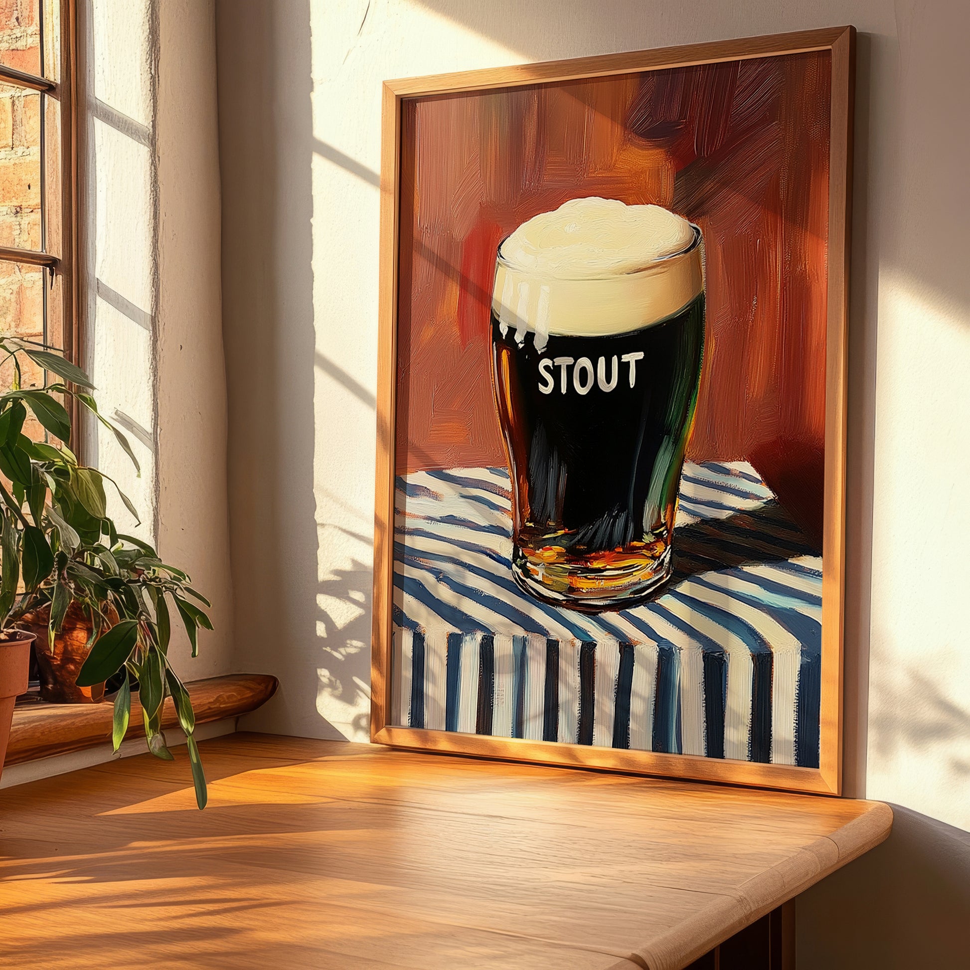 Stout – on Striped Tablecloth, English Beer Painting, clean layout with no caption