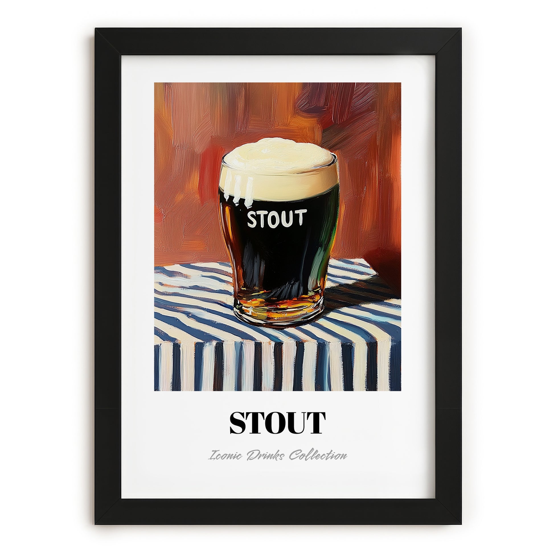 Stout – on Striped Tablecloth, English Beer Painting, in sleek black frame