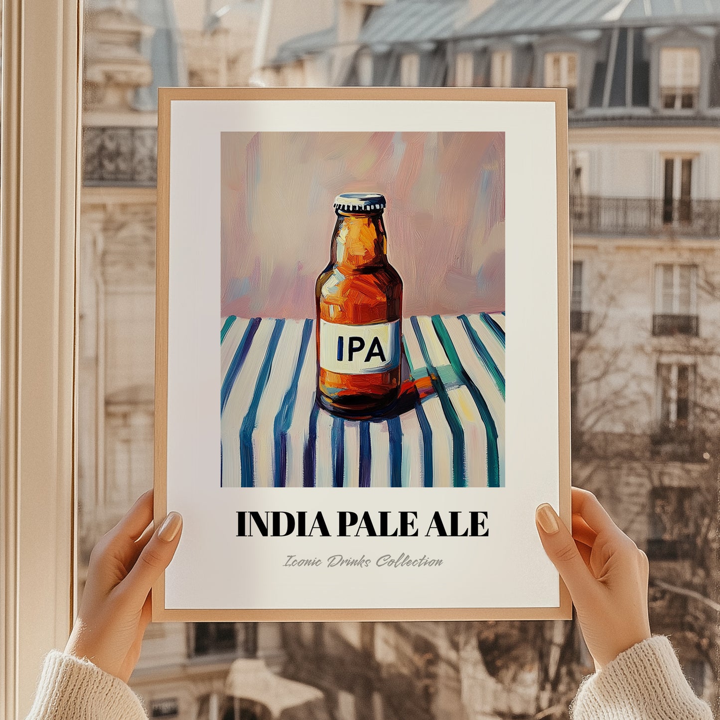 India Pale Ale Beer (IPA) – on Striped Tablecloth, English Beer Poster, styled in a charming Paris street view