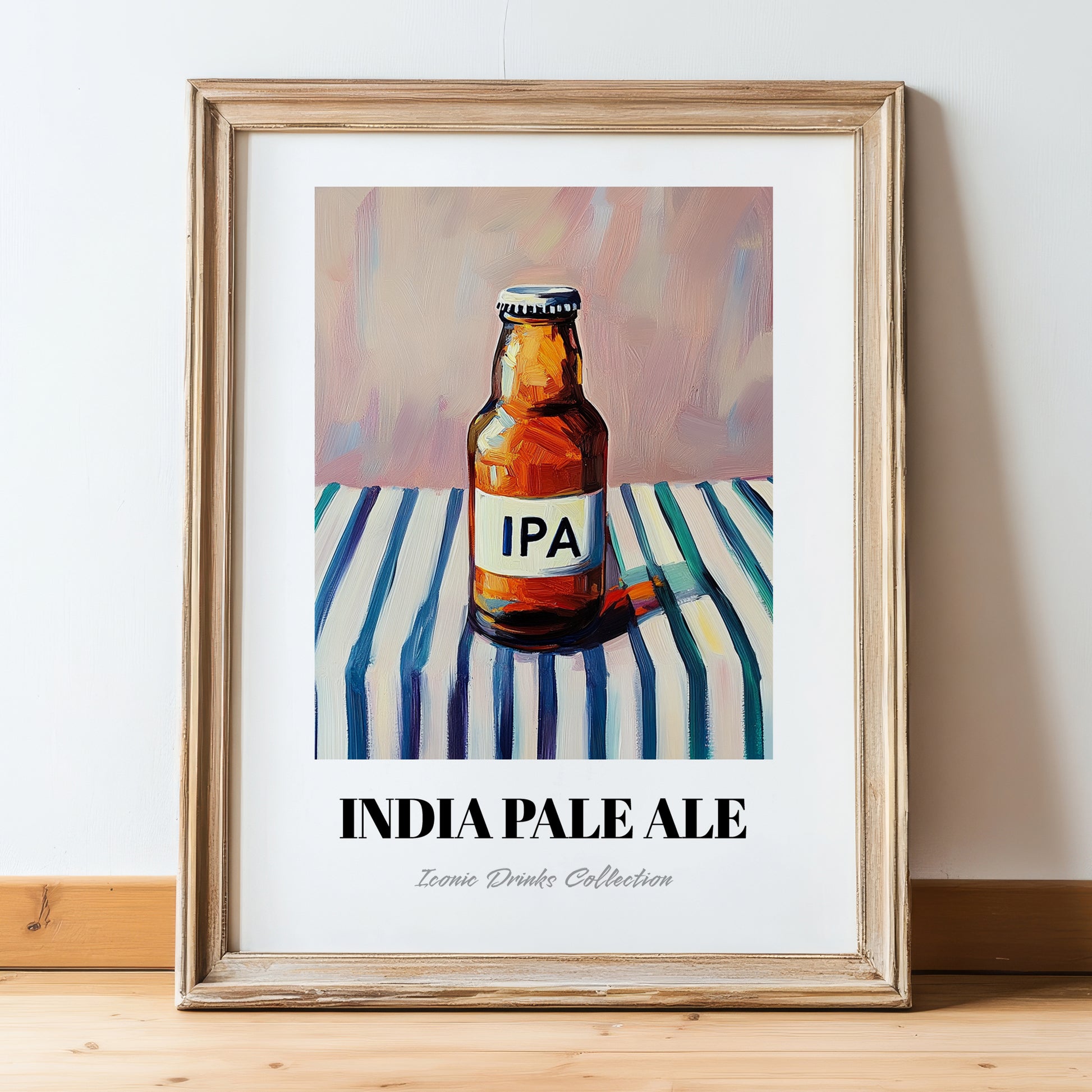 India Pale Ale Beer (IPA) – on Striped Tablecloth, English Beer Poster, in wooden frame leaning on the floor