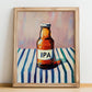 India Pale Ale Beer (IPA) – on Striped Tablecloth, English Beer Poster, no-text version framed in wood