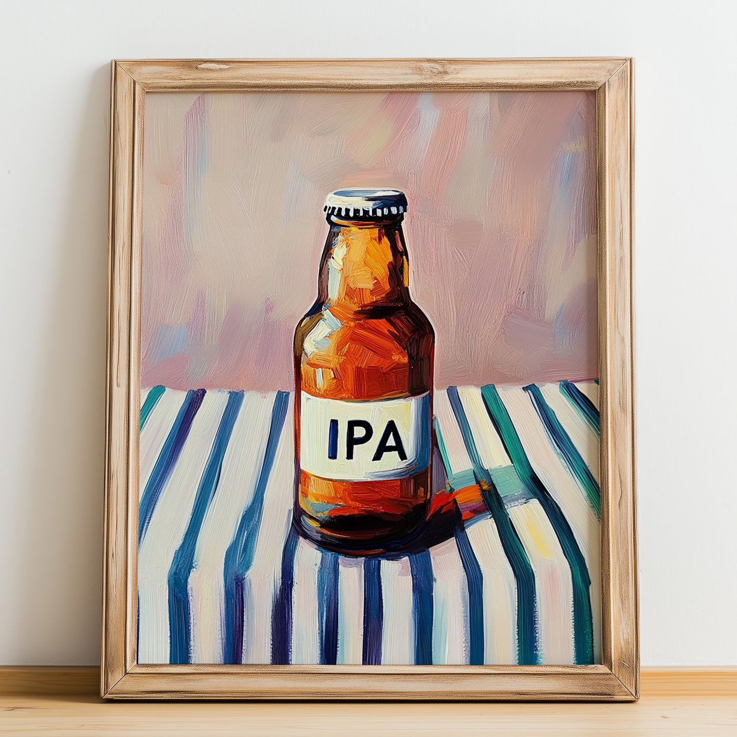 India Pale Ale Beer (IPA) – on Striped Tablecloth, English Beer Poster, no-text version framed in wood