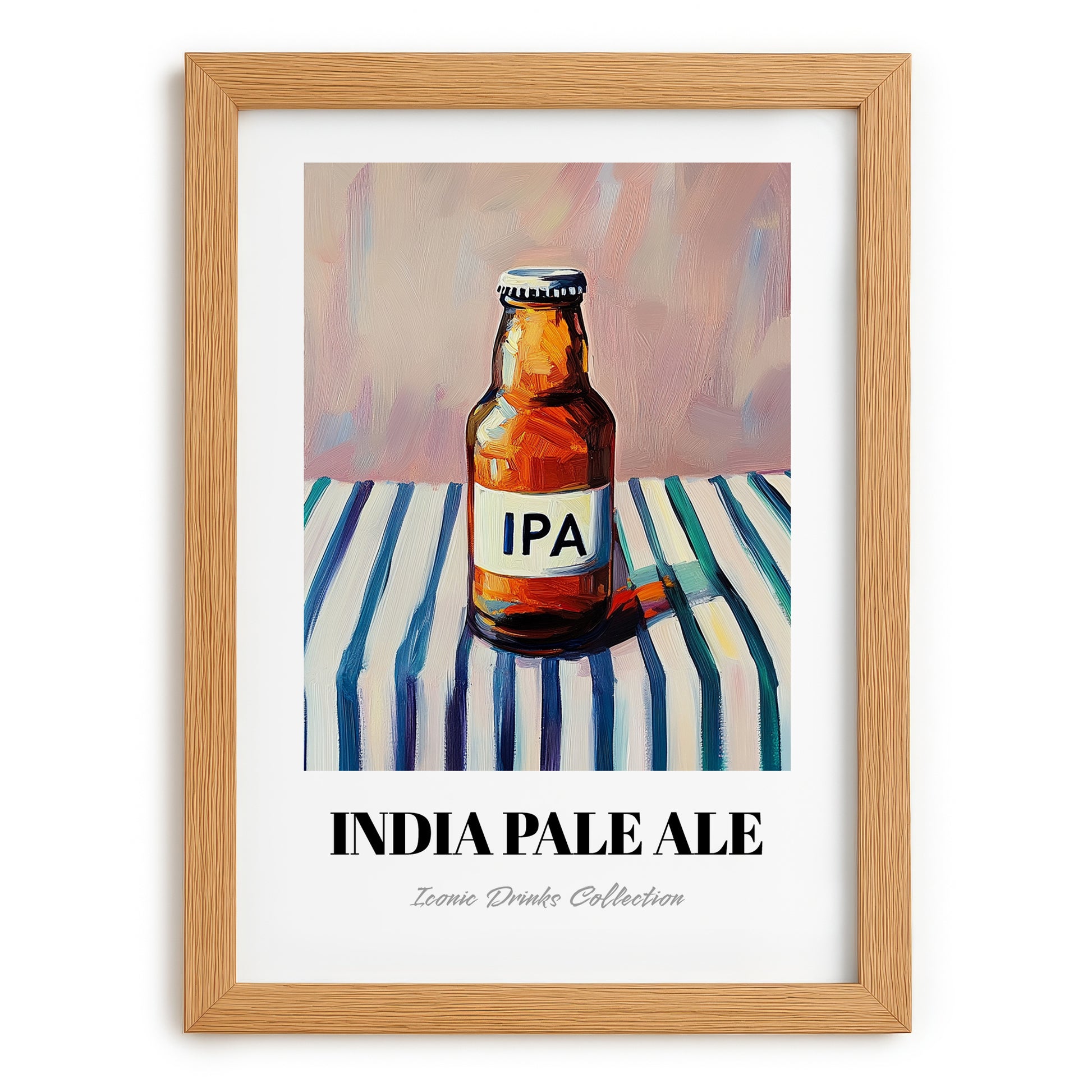India Pale Ale Beer (IPA) – on Striped Tablecloth, English Beer Poster, set in oak frame