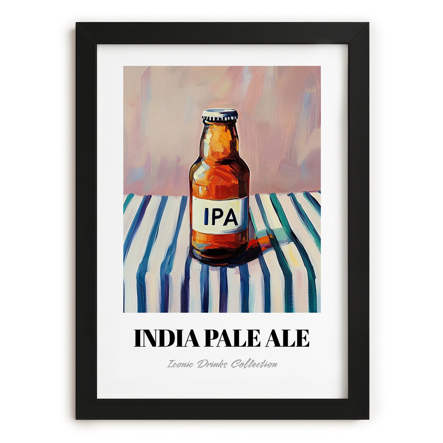 India Pale Ale Beer (IPA) – on Striped Tablecloth, English Beer Poster, in sleek black frame