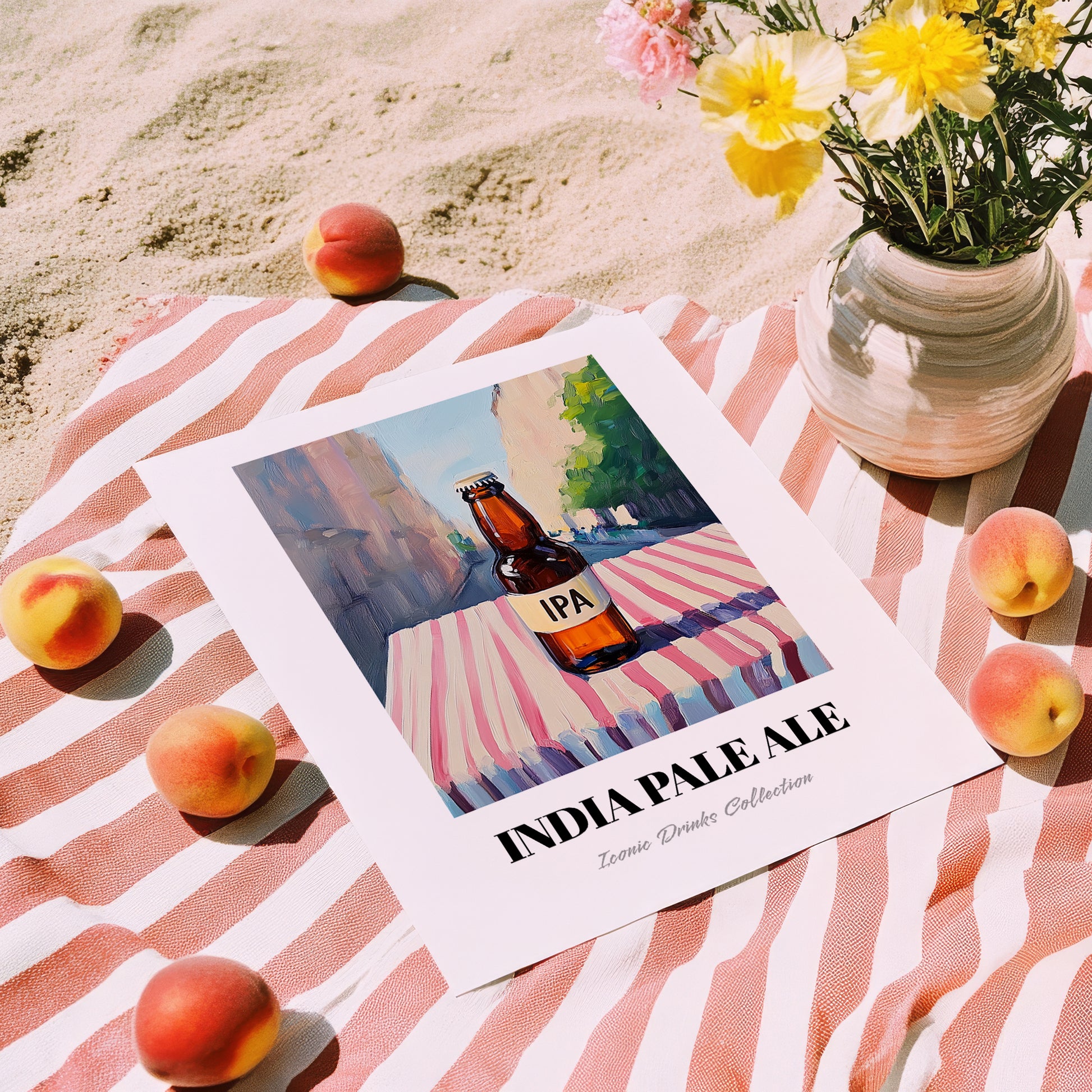 IPA – English Street Café Scene, English Beer Illustration, unframed on coastal sand