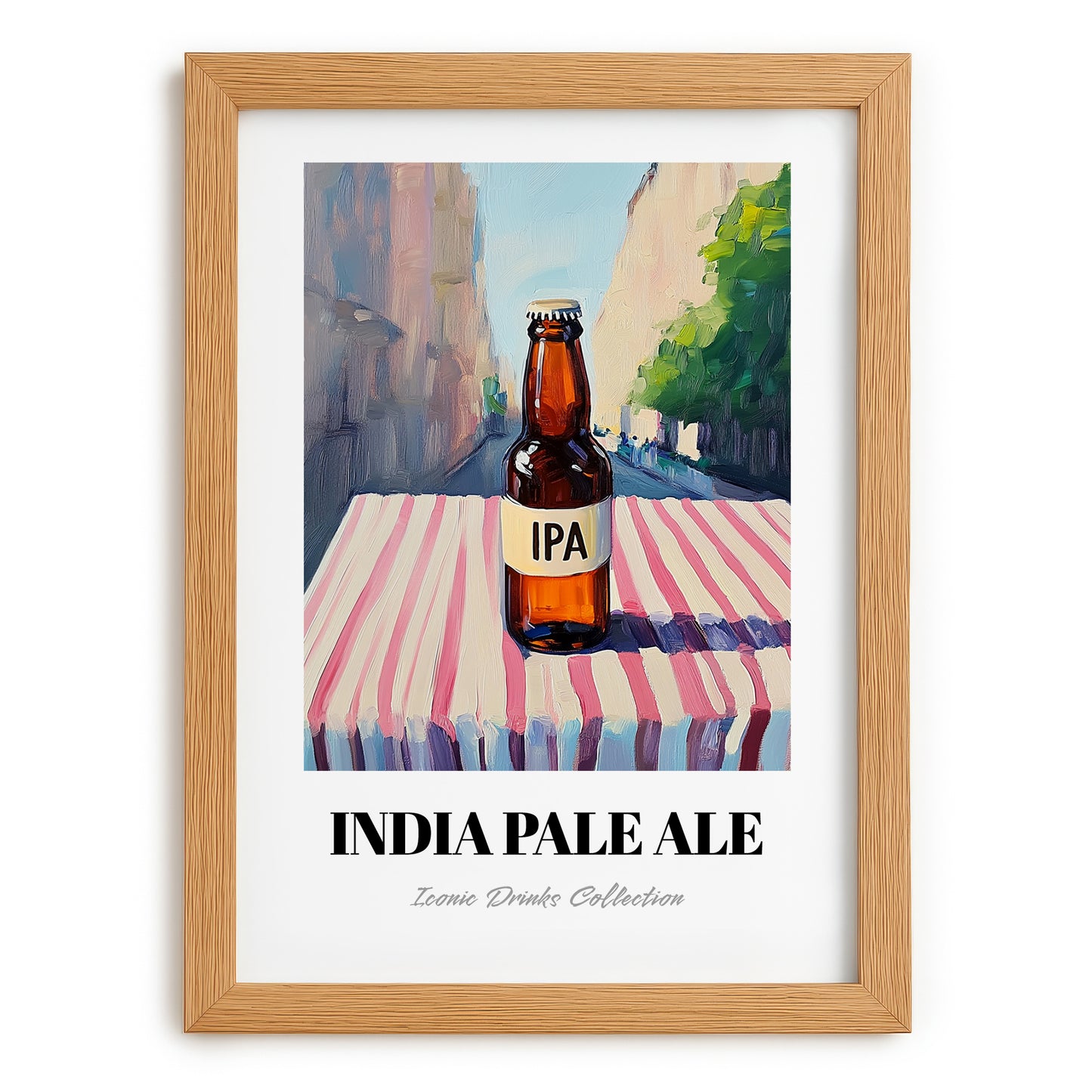IPA – English Street Café Scene, English Beer Illustration, set in oak frame