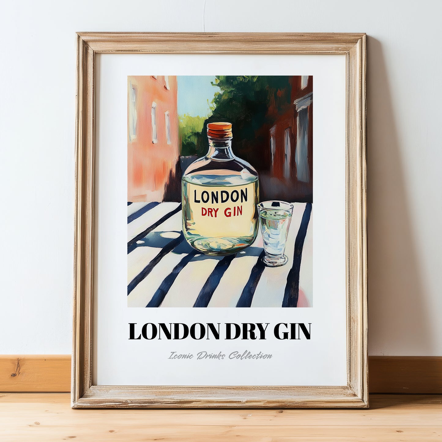London Dry Gin – English Outdoor Café Scene, English Spirit Wall Poster, in wooden frame leaning on the floor
