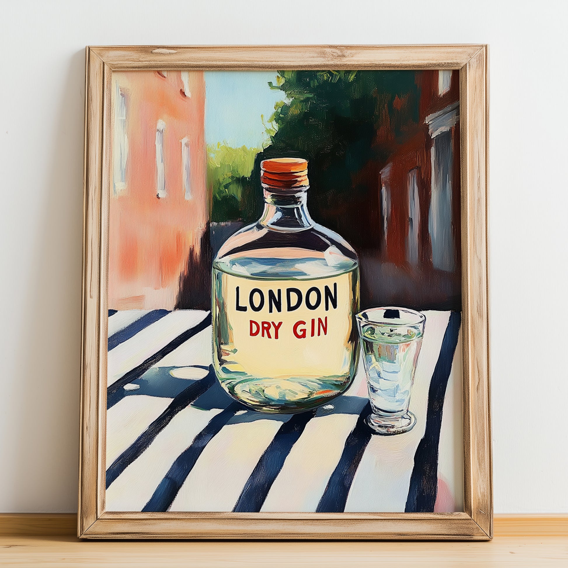 London Dry Gin – English Outdoor Café Scene, English Spirit Wall Poster, no-text version framed in wood