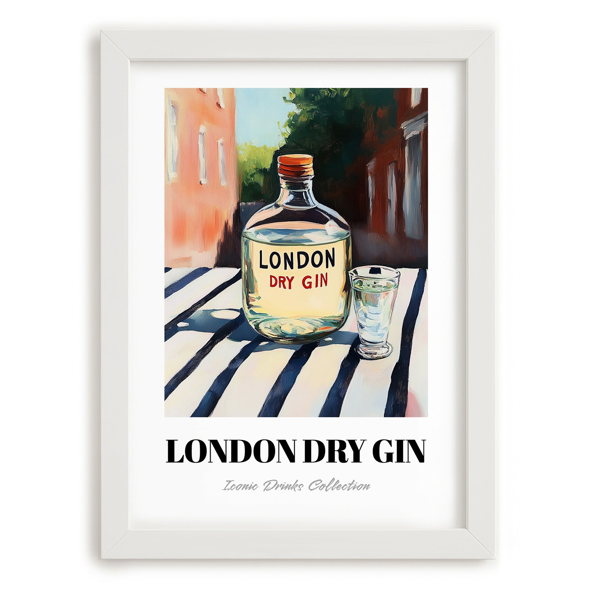 London Dry Gin – English Outdoor Café Scene, English Spirit Wall Poster, placed in minimal white frame