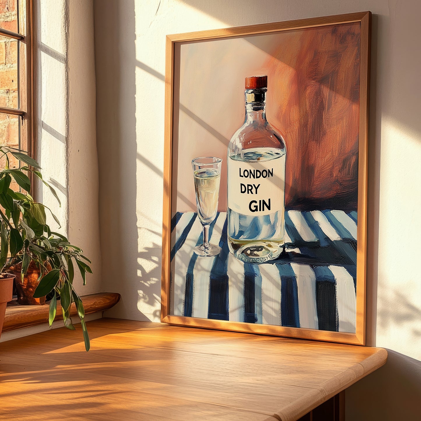London Dry Gin – on Striped Tablecloth, English Spirit Illustration, clean layout with no caption