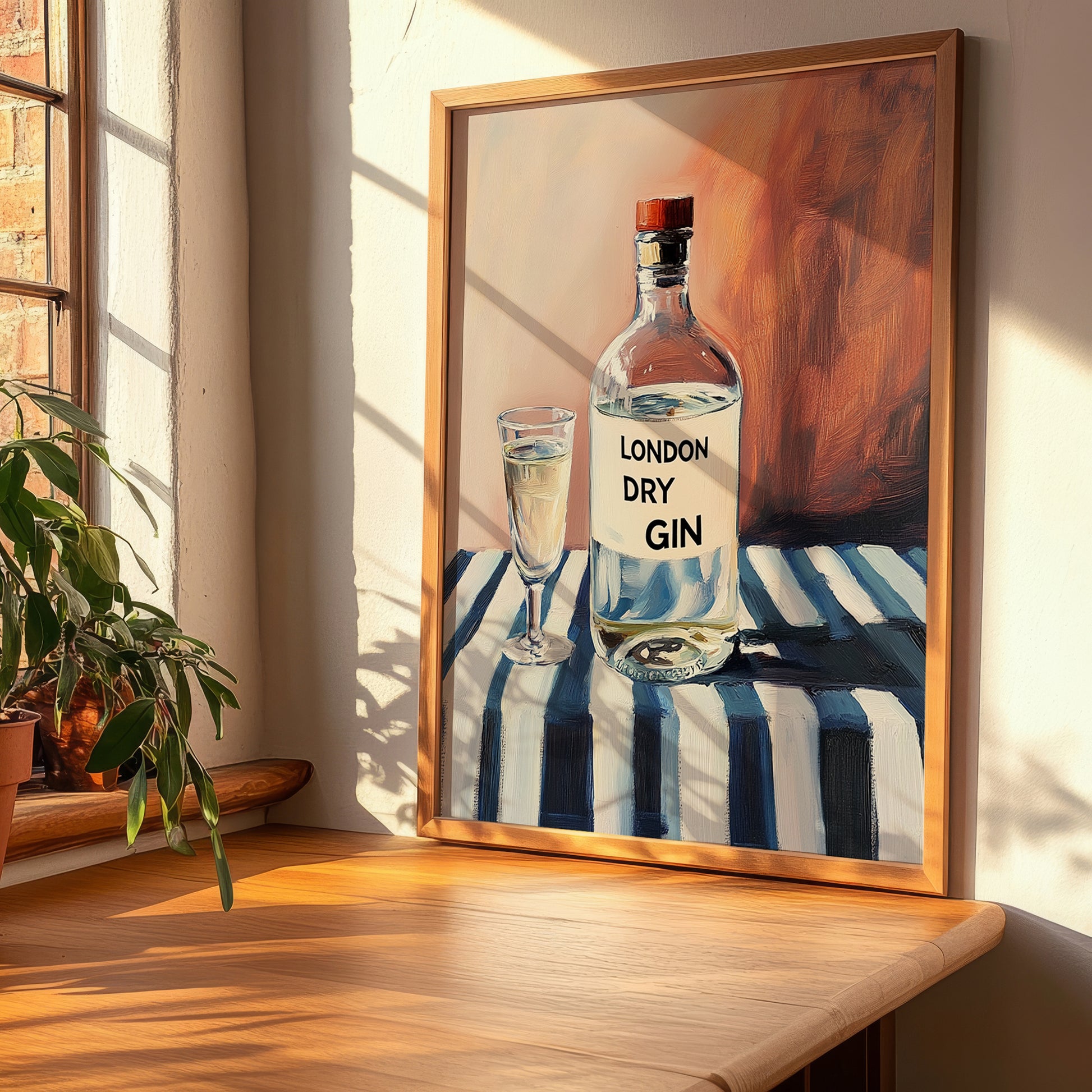 London Dry Gin – on Striped Tablecloth, English Spirit Illustration, clean layout with no caption