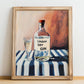London Dry Gin – on Striped Tablecloth, English Spirit Illustration, no-text version framed in wood