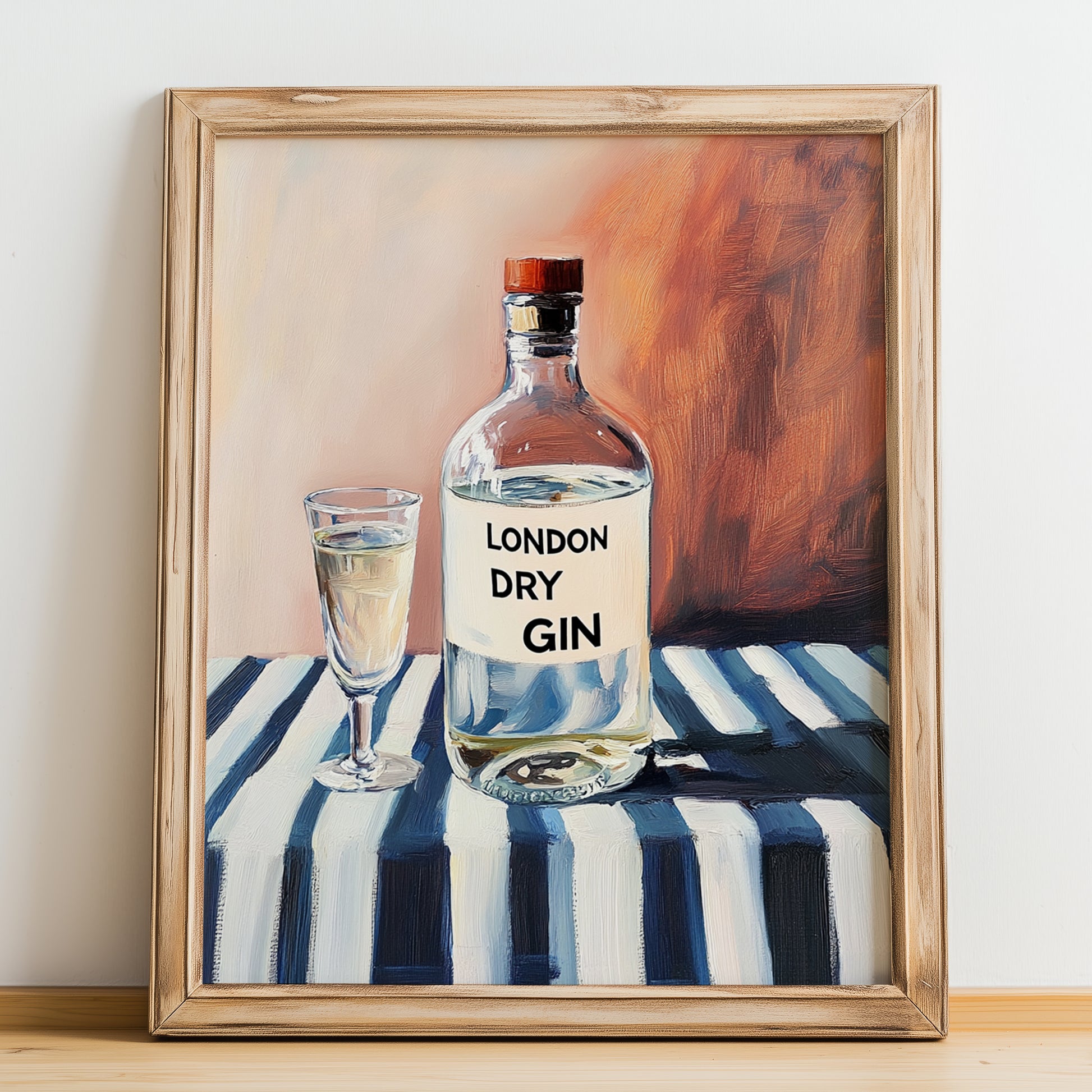London Dry Gin – on Striped Tablecloth, English Spirit Illustration, no-text version framed in wood