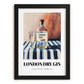 London Dry Gin – on Striped Tablecloth, English Spirit Illustration, in sleek black frame