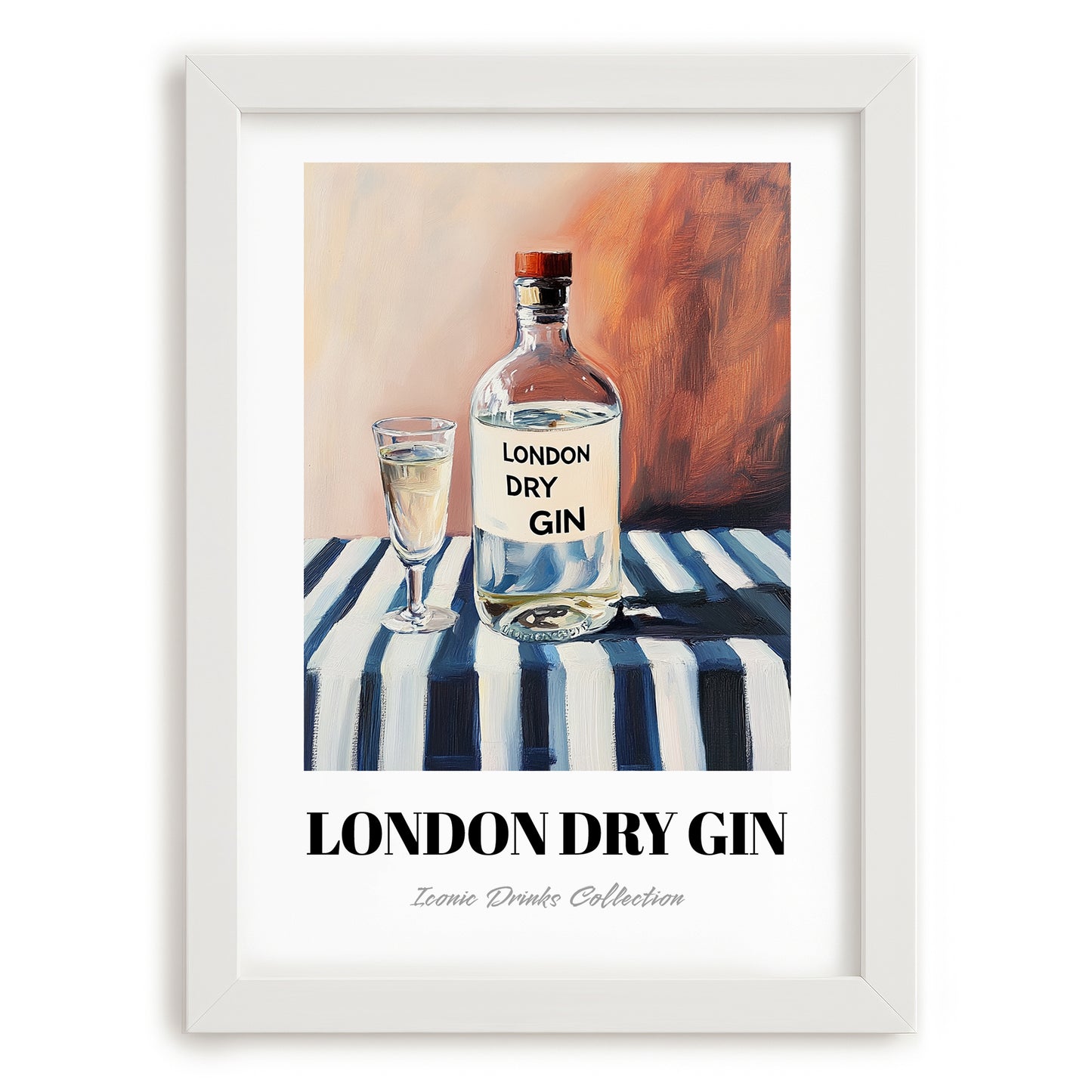 London Dry Gin – on Striped Tablecloth, English Spirit Illustration, placed in minimal white frame
