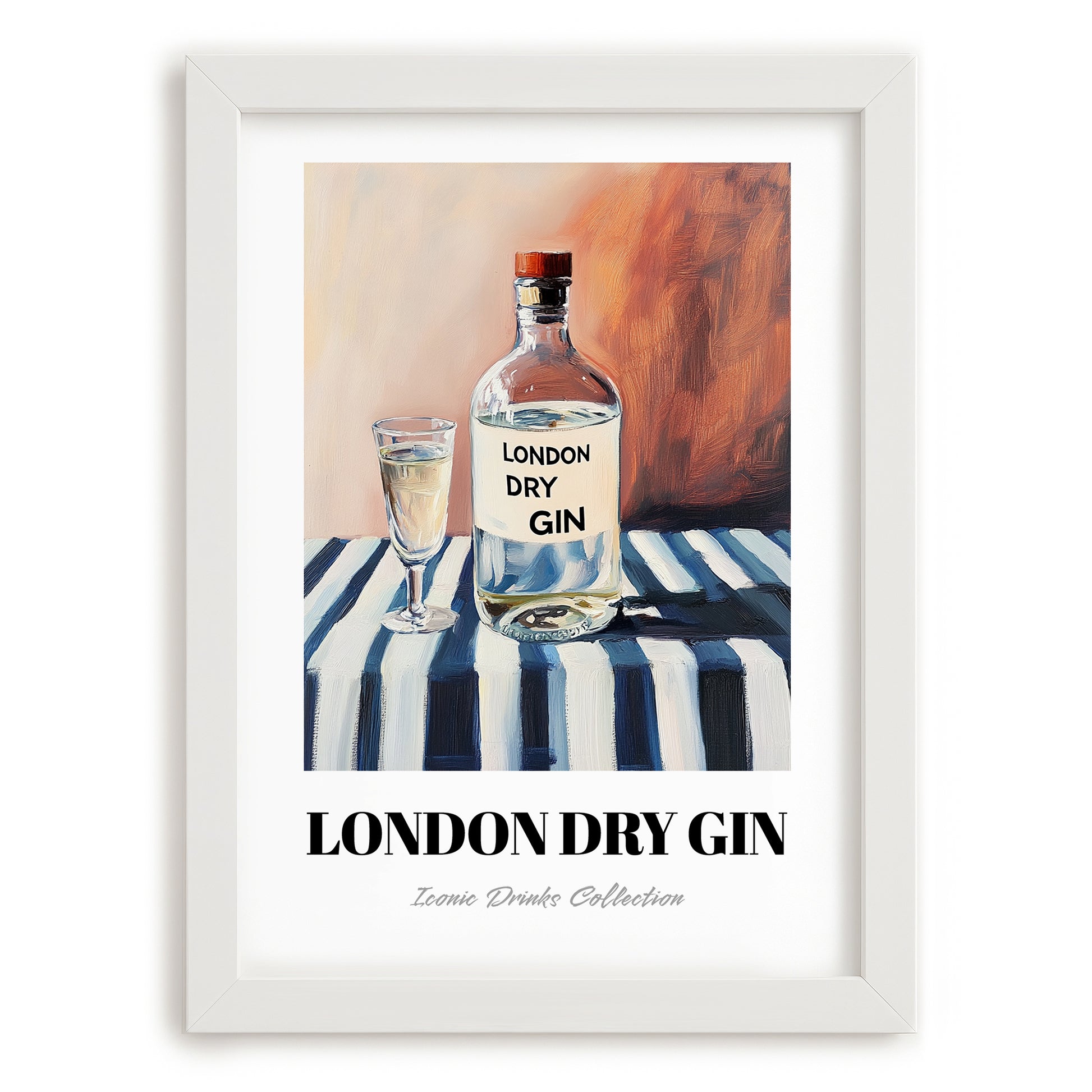 London Dry Gin – on Striped Tablecloth, English Spirit Illustration, placed in minimal white frame