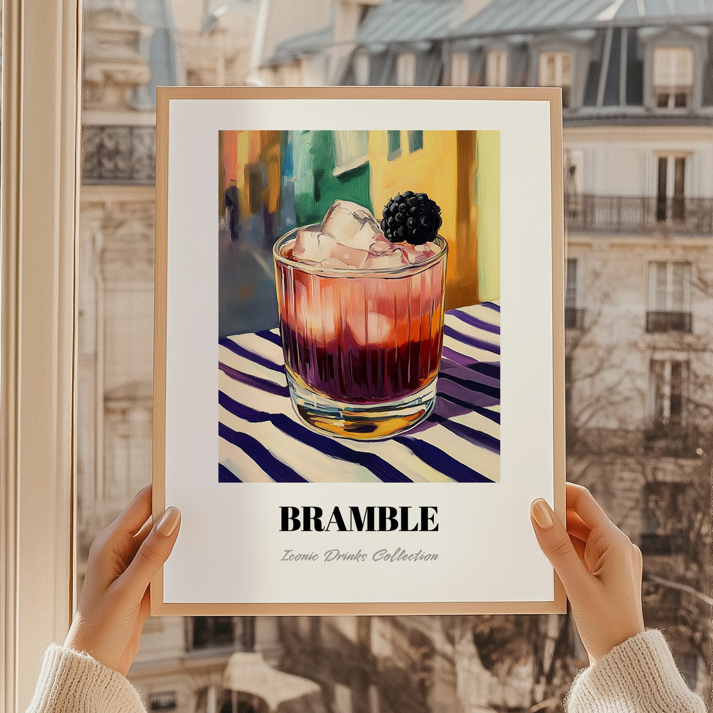 Bramble – English Street Café Scene, English Cocktail Painting, styled in a charming Paris street view