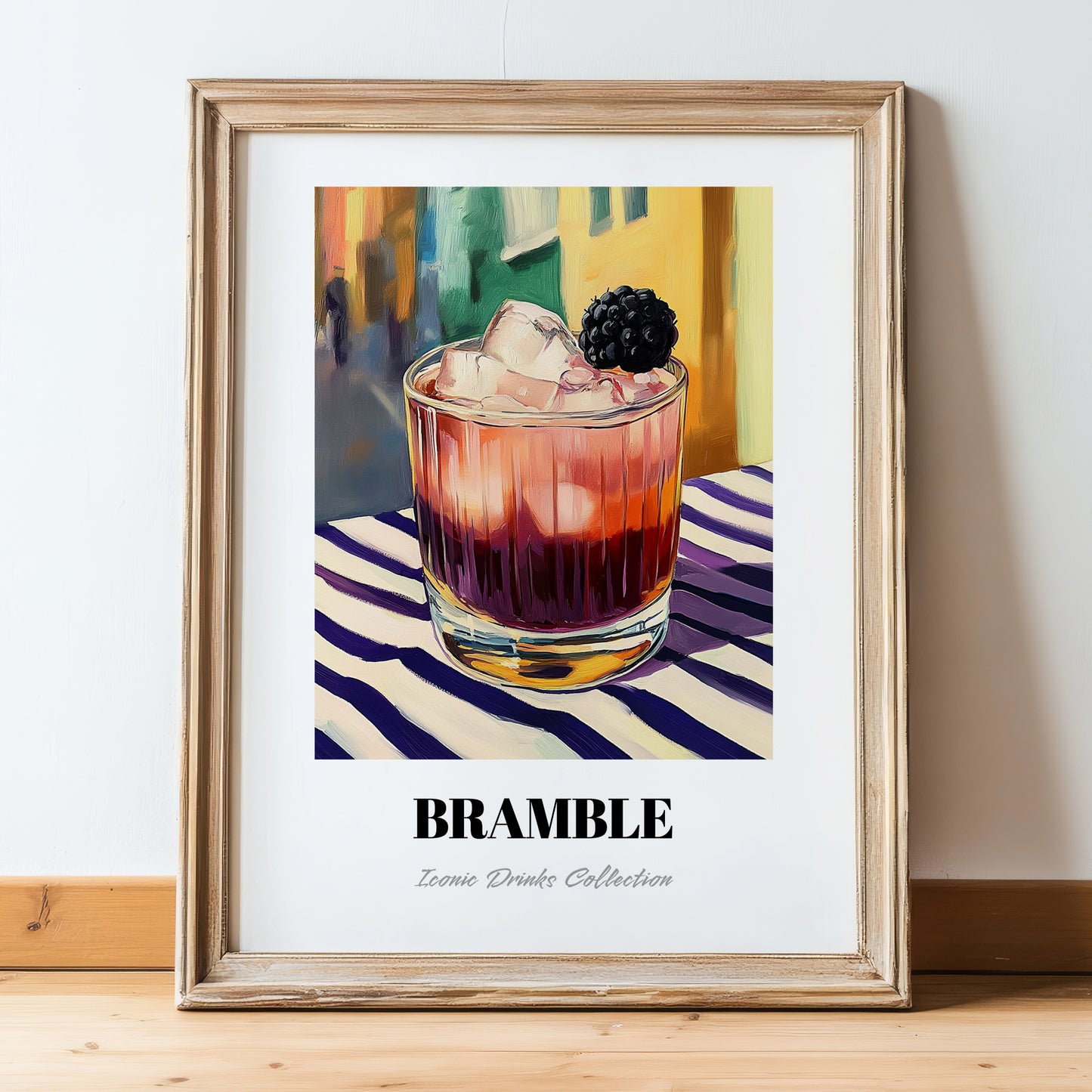 Bramble – English Street Café Scene, English Cocktail Painting, in wooden frame leaning on the floor