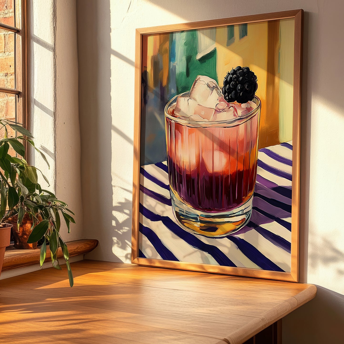 Bramble – English Street Café Scene, English Cocktail Painting, clean layout with no caption