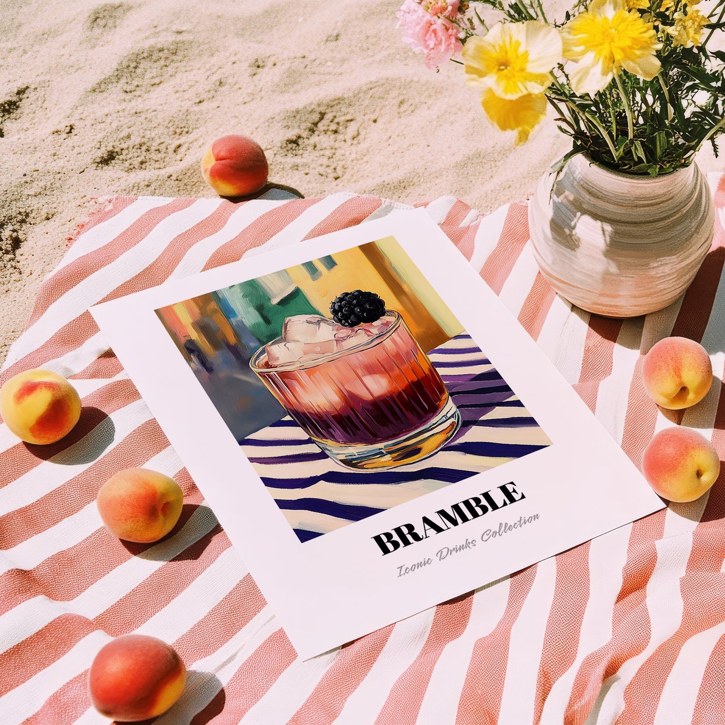 Bramble – English Street Café Scene, English Cocktail Painting, unframed on coastal sand