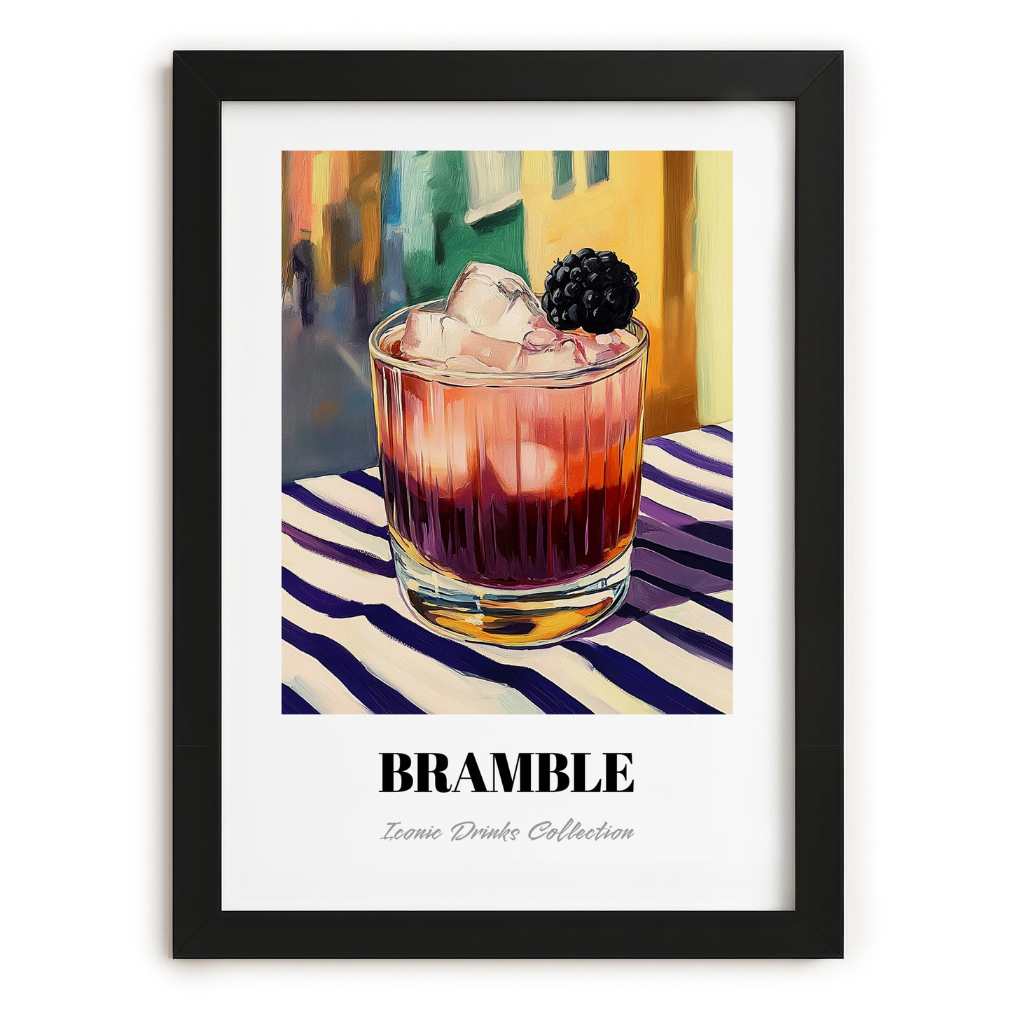 Bramble – English Street Café Scene, English Cocktail Painting, in sleek black frame