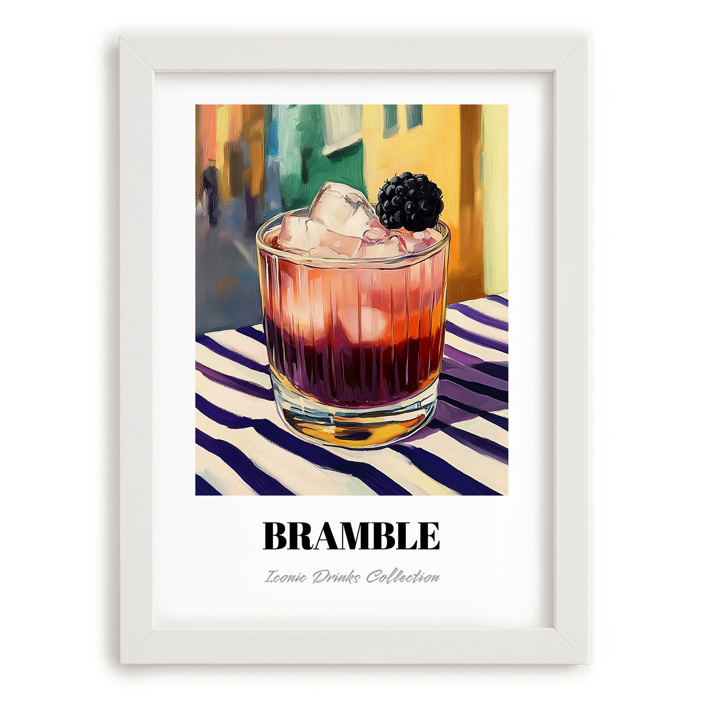 Bramble – English Street Café Scene, English Cocktail Painting, placed in minimal white frame
