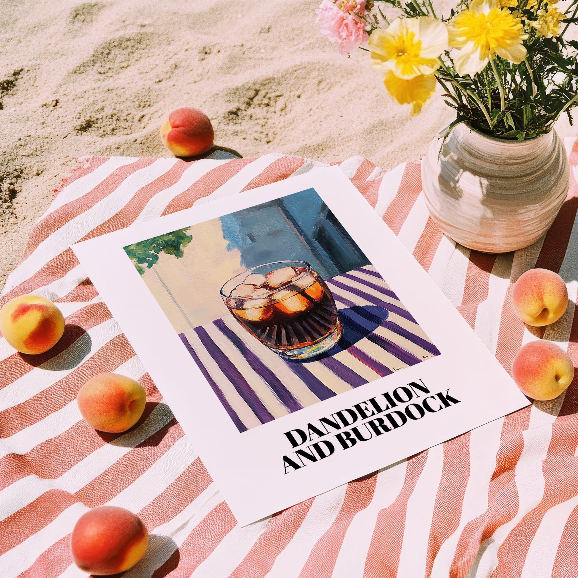 Dandelion And Burdock – English Outdoor Café Scene, English Beverage Illustration, unframed on coastal sand