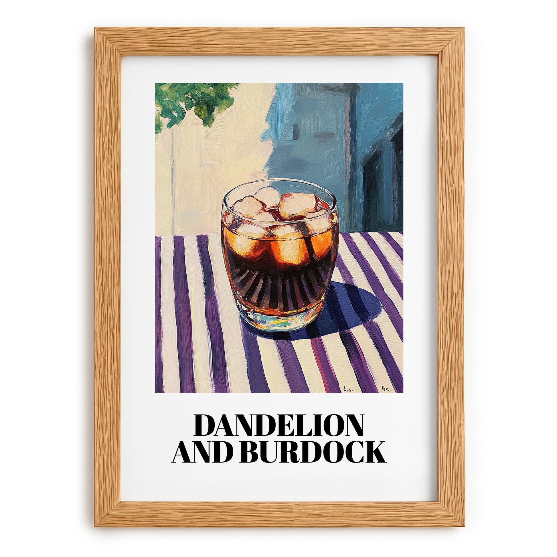 Dandelion And Burdock – English Outdoor Café Scene, English Beverage Illustration, set in oak frame