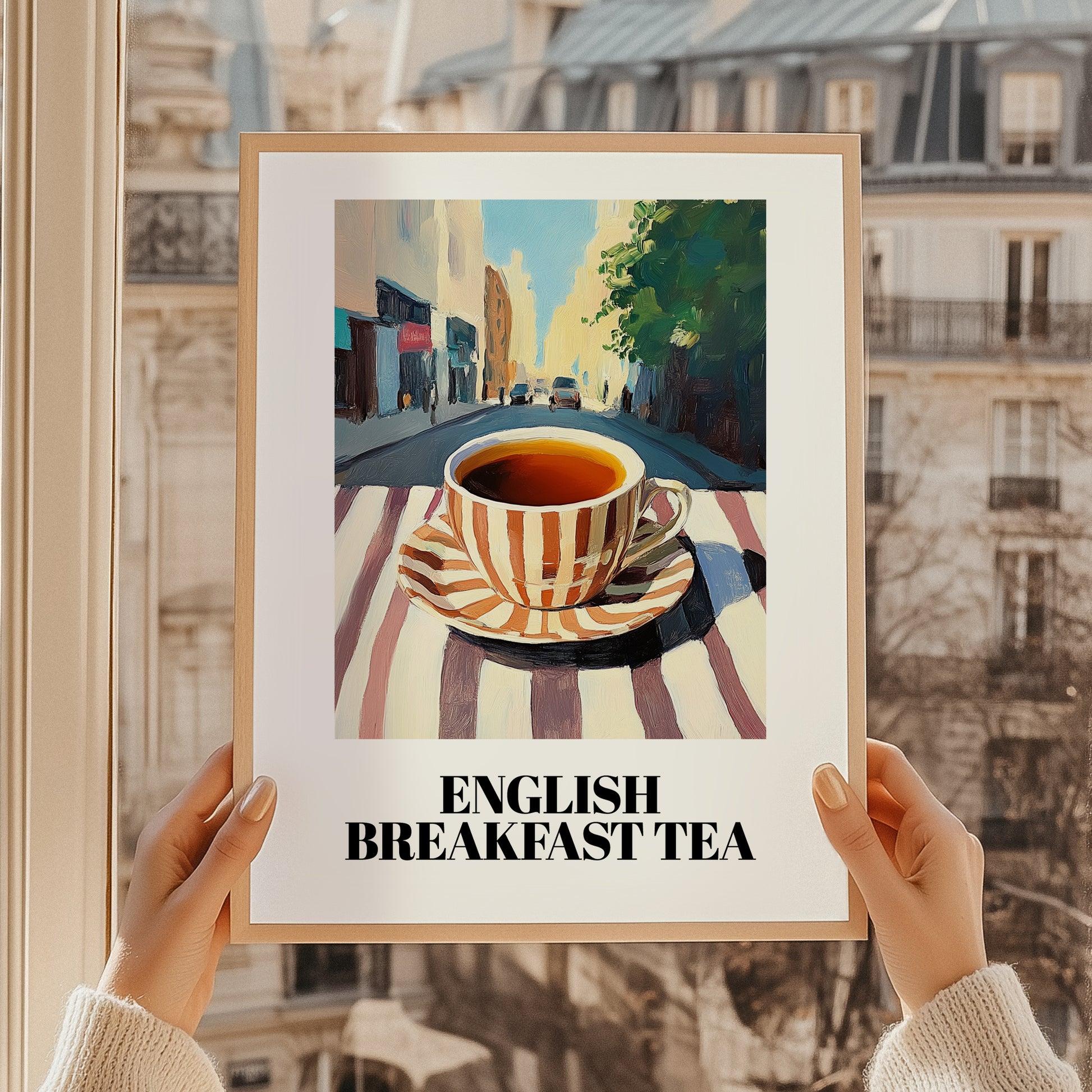 English Breakfast Tea – English Café on the Corner, English Tea Painting, styled in a charming Paris street view