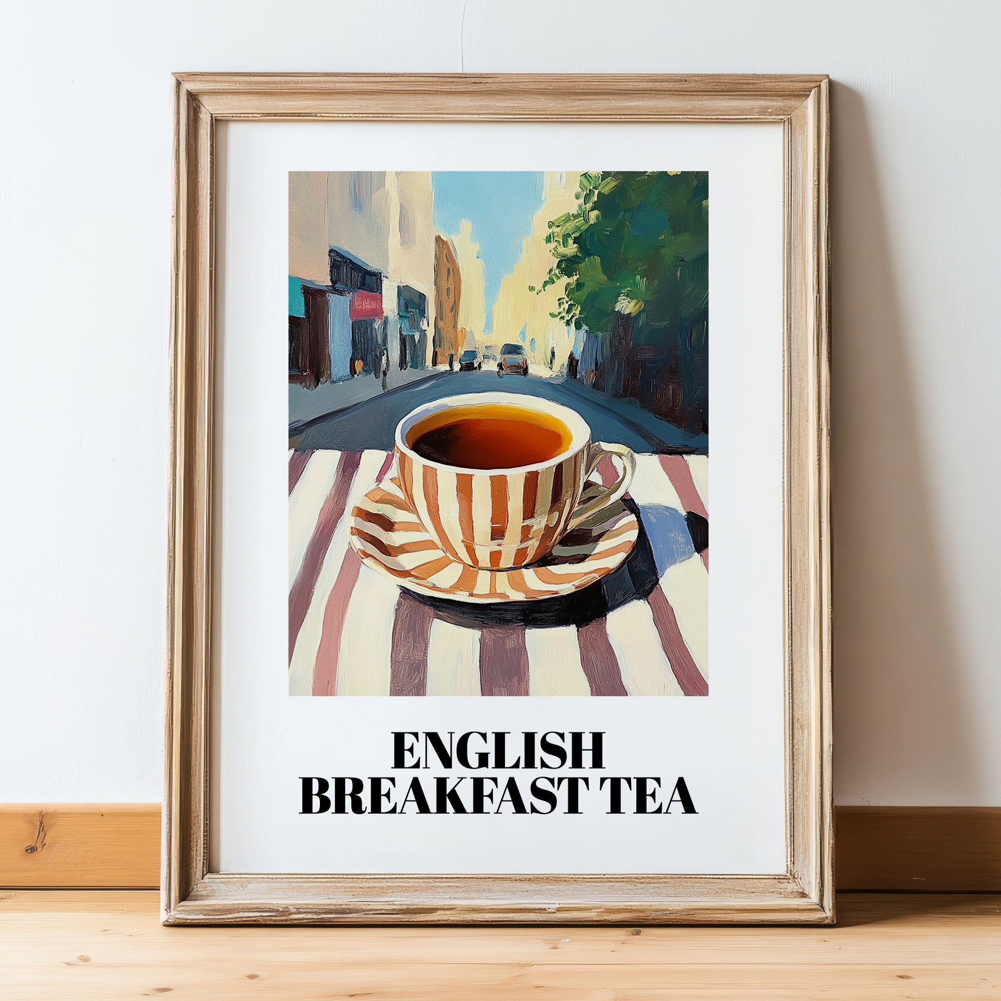 English Breakfast Tea – English Café on the Corner, English Tea Painting, in wooden frame leaning on the floor
