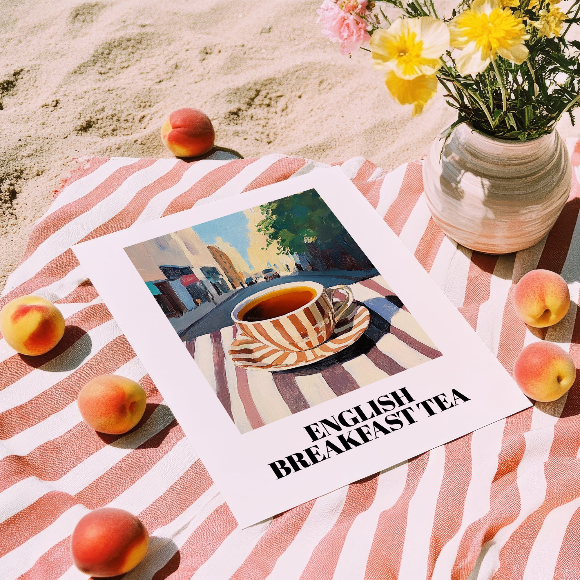 English Breakfast Tea – English Café on the Corner, English Tea Painting, unframed on coastal sand