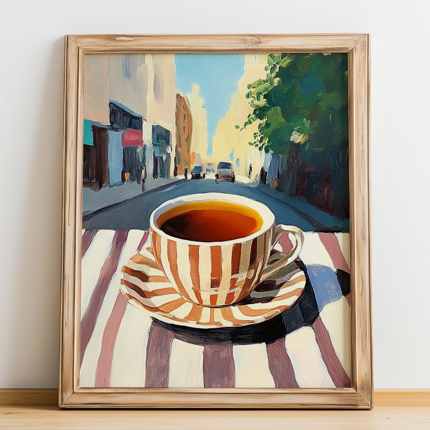 English Breakfast Tea – English Café on the Corner, English Tea Painting, no-text version framed in wood