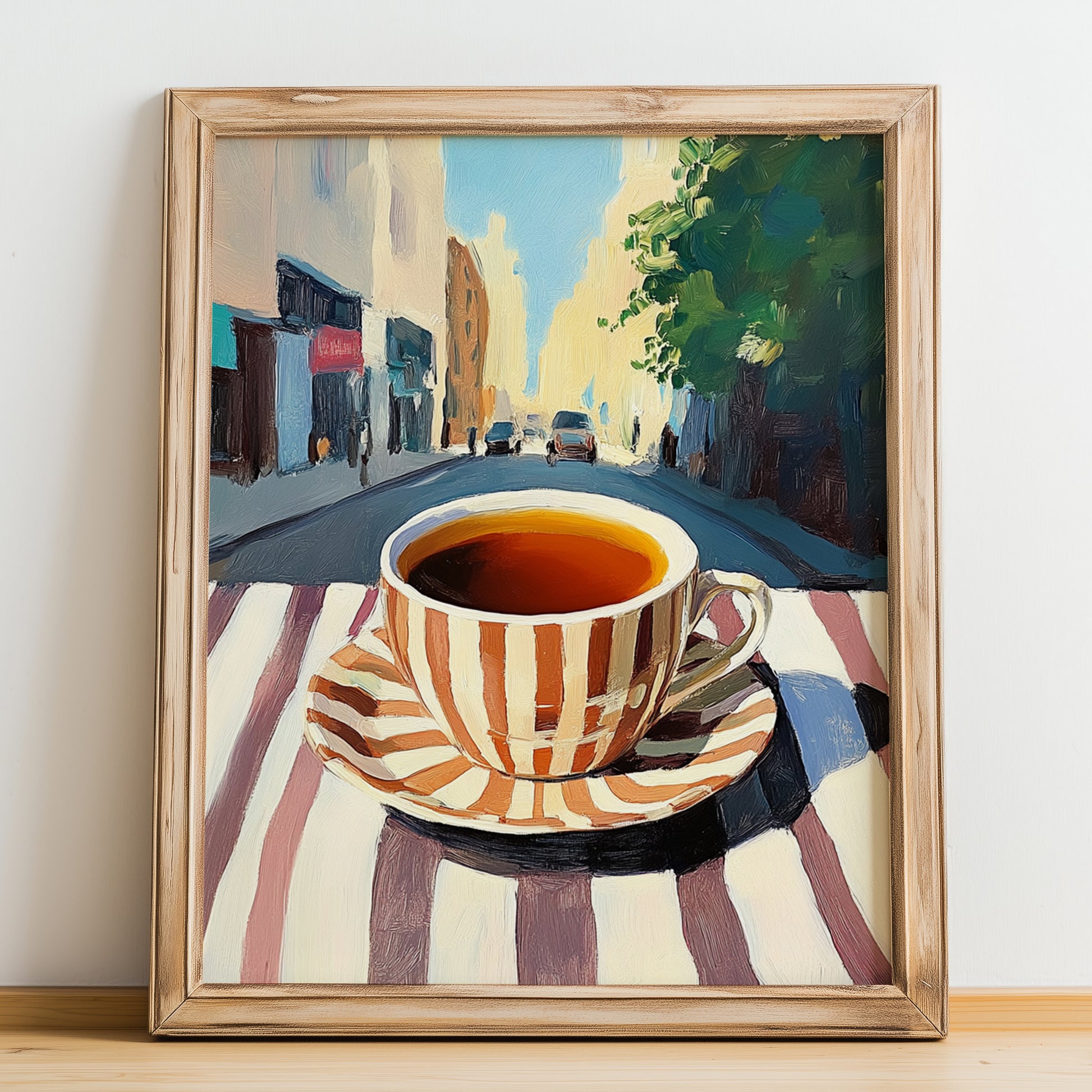 English Breakfast Tea – English Café on the Corner, English Tea Painting, no-text version framed in wood