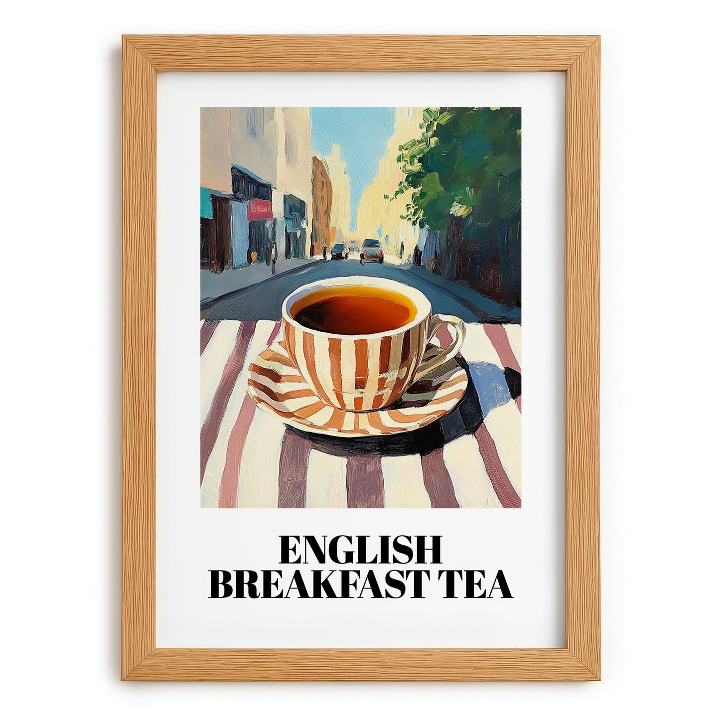 English Breakfast Tea – English Café on the Corner, English Tea Painting, set in oak frame