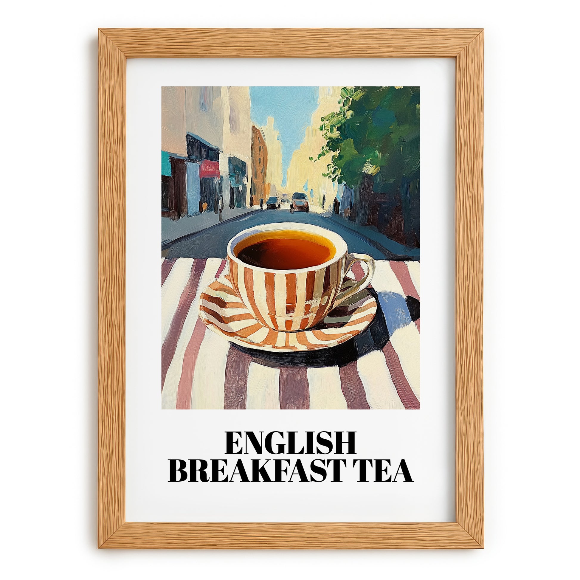 English Breakfast Tea – English Café on the Corner, English Tea Painting, set in oak frame