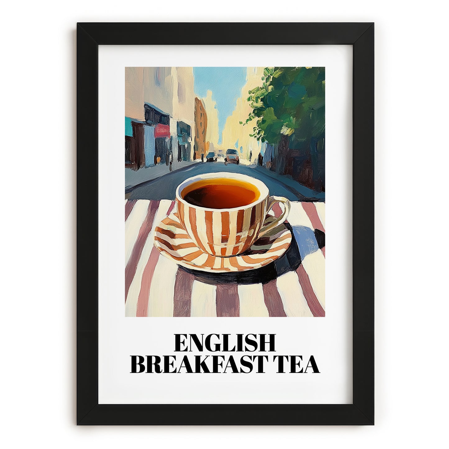 English Breakfast Tea – English Café on the Corner, English Tea Painting, in sleek black frame