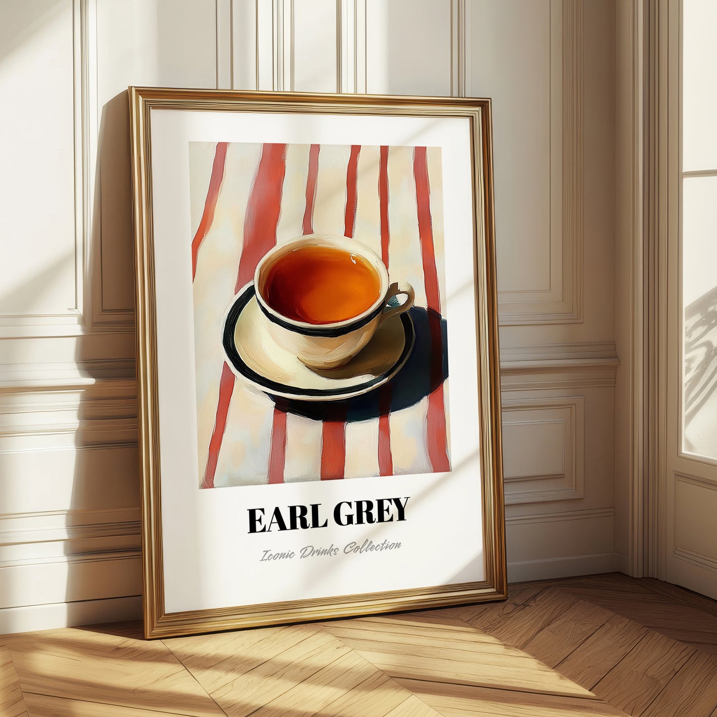 Earl Grey – on Striped Tablecloth, English Tea Still Life