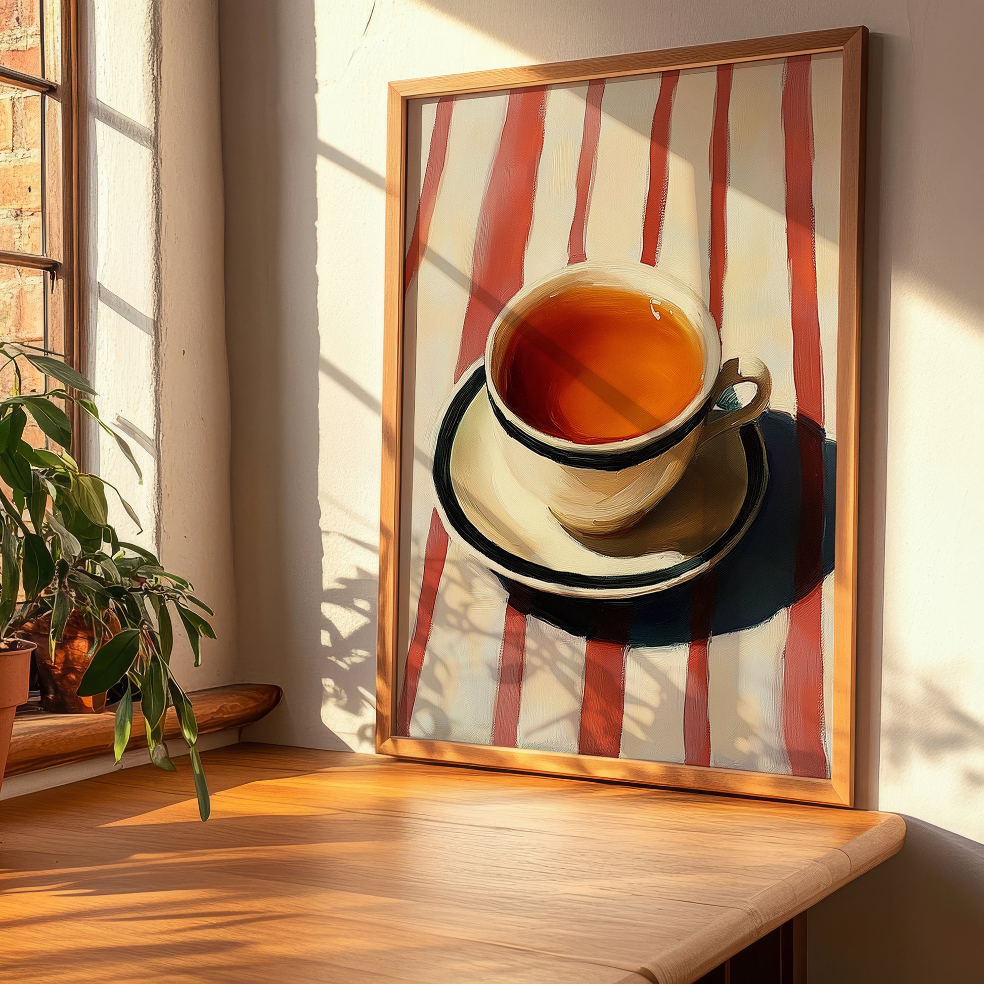 Earl Grey – on Striped Tablecloth, English Tea Still Life, clean layout with no caption