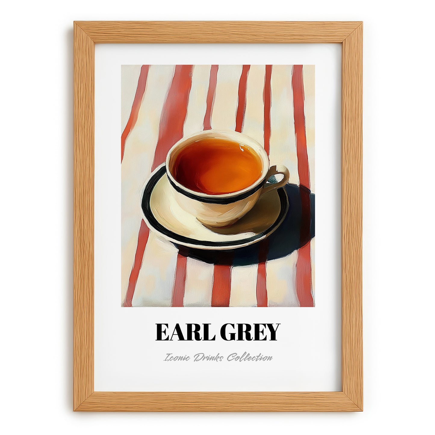 Earl Grey – on Striped Tablecloth, English Tea Still Life, set in oak frame