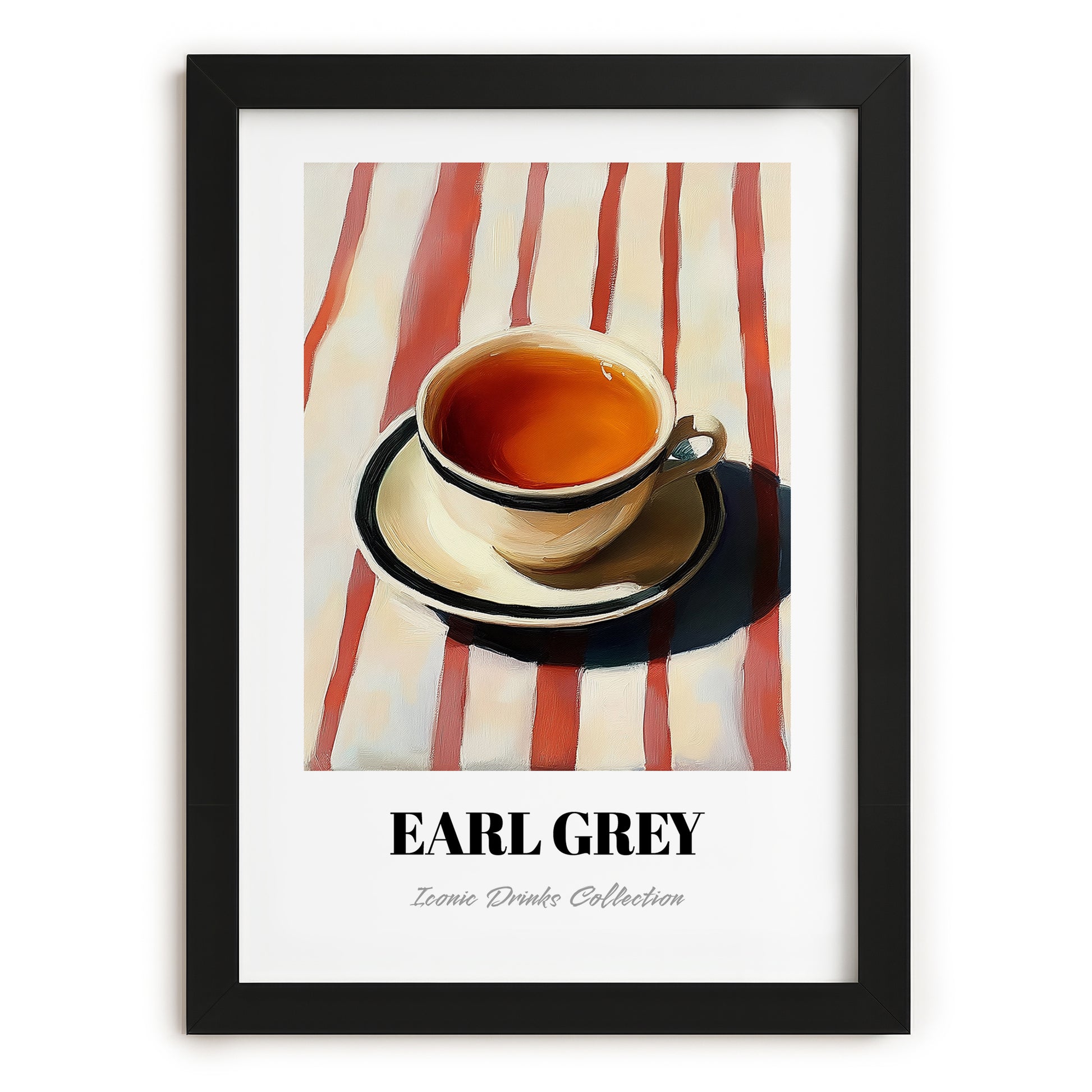 Earl Grey – on Striped Tablecloth, English Tea Still Life, in sleek black frame