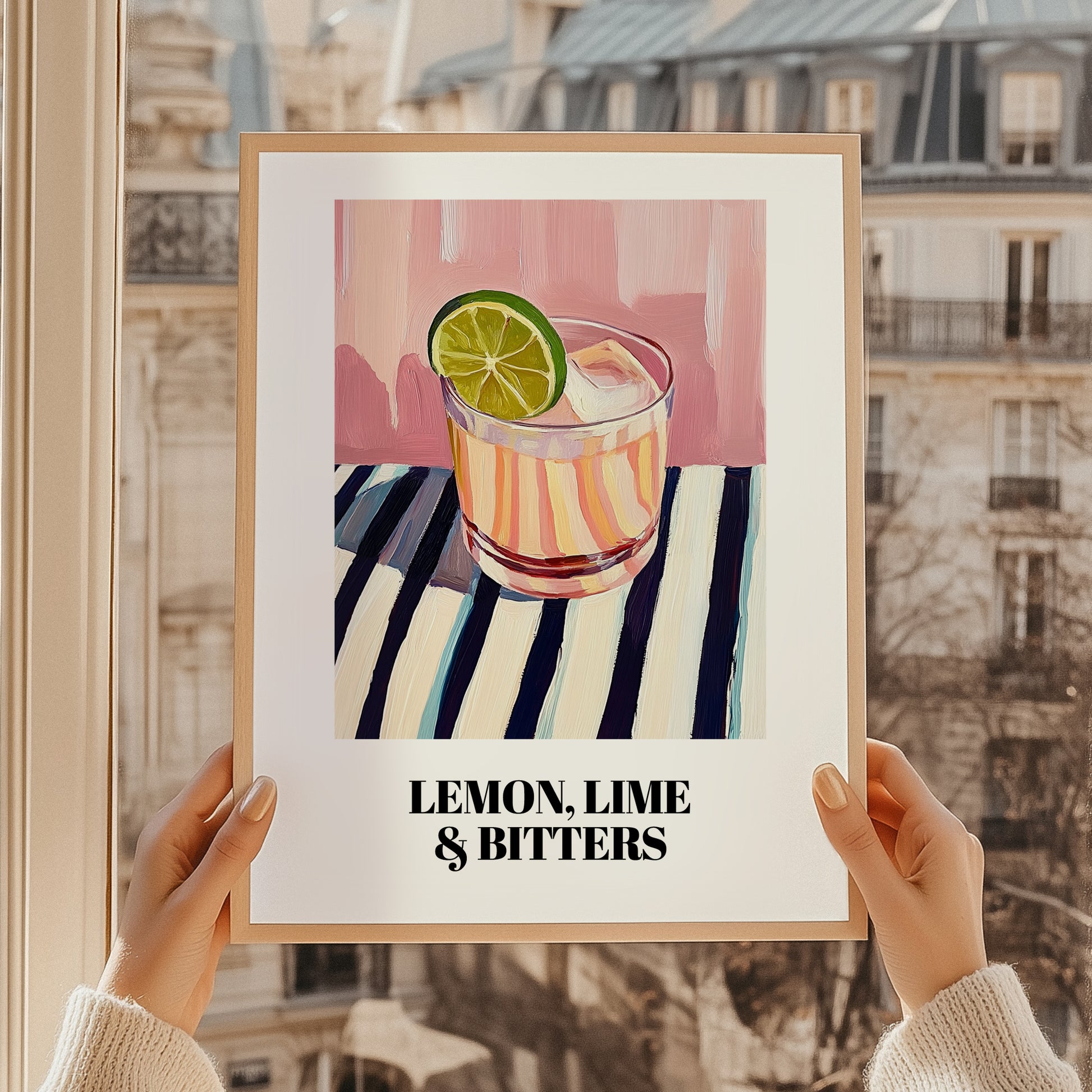 LemonLime & Bitters – on Striped Tablecloth, Australian Beverage Painting, styled in a charming Paris street view