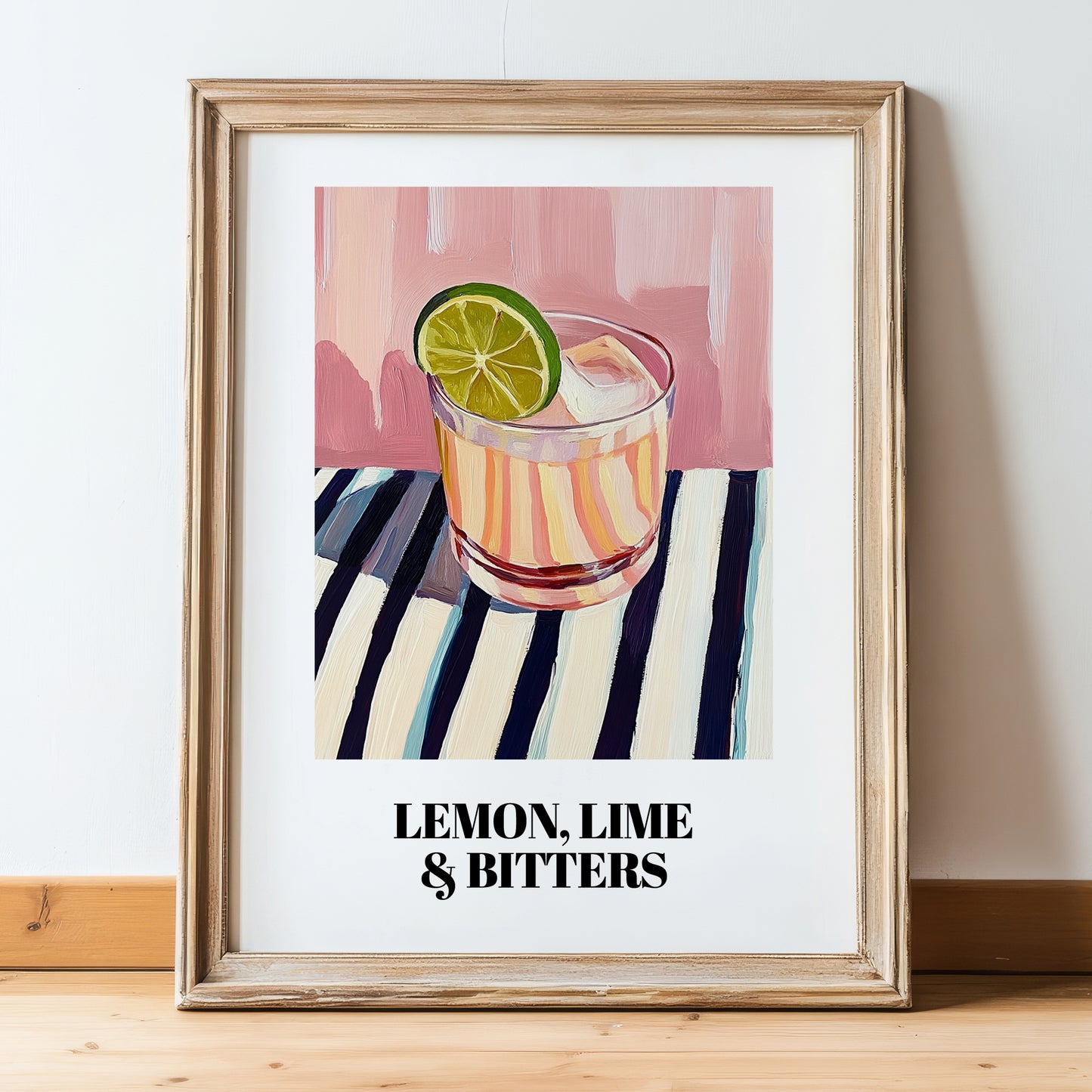 LemonLime & Bitters – on Striped Tablecloth, Australian Beverage Painting, in wooden frame leaning on the floor