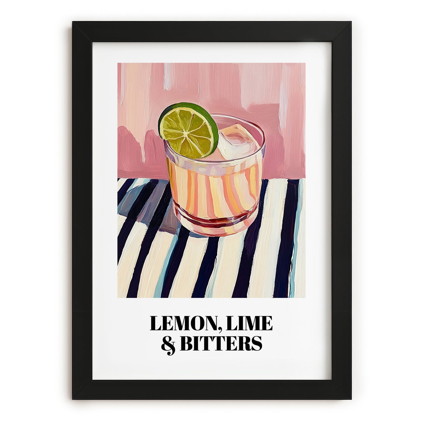 LemonLime & Bitters – on Striped Tablecloth, Australian Beverage Painting, in sleek black frame
