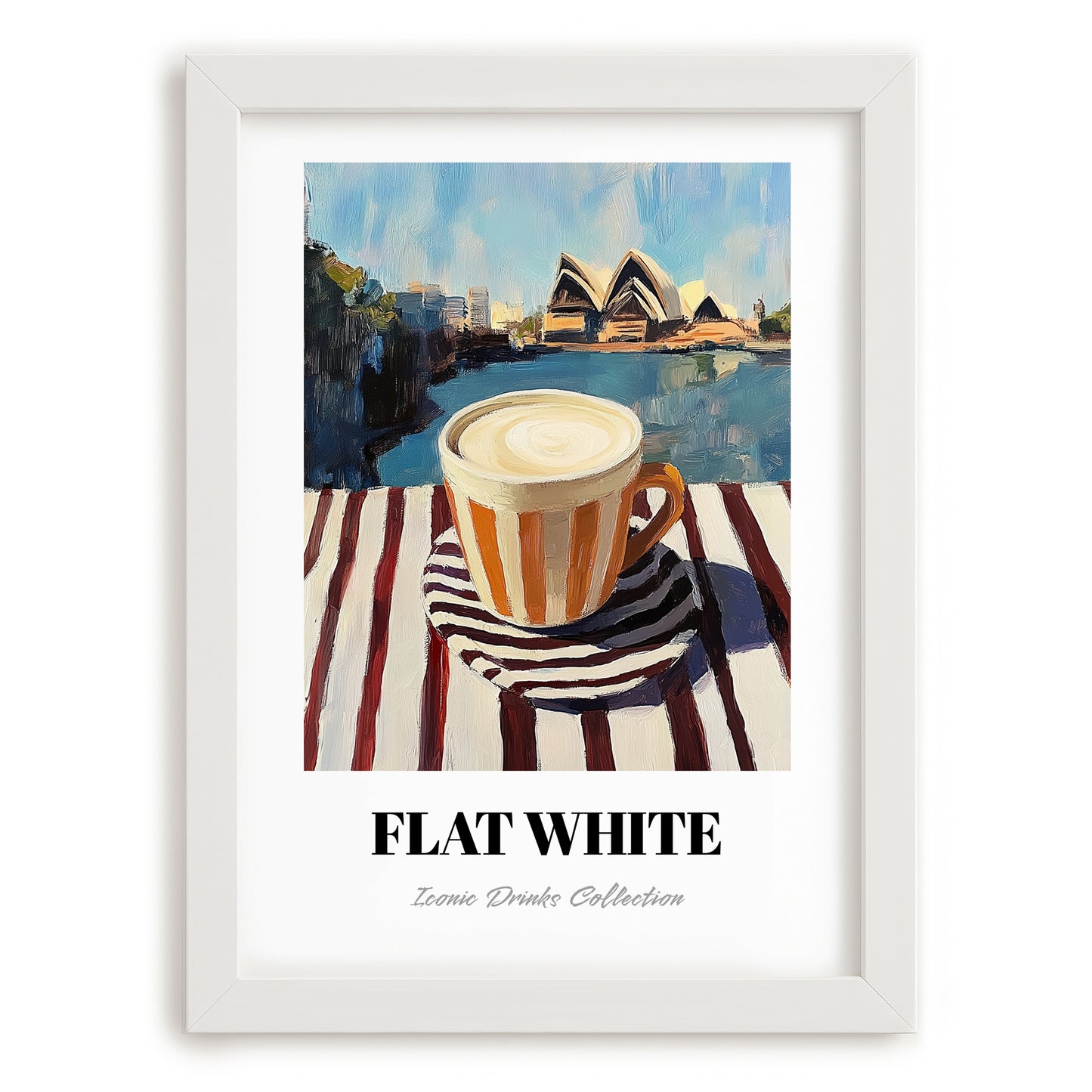 Flat White – Australian Outdoor Café Scene, Australian Beverage Still Life, placed in minimal white frame