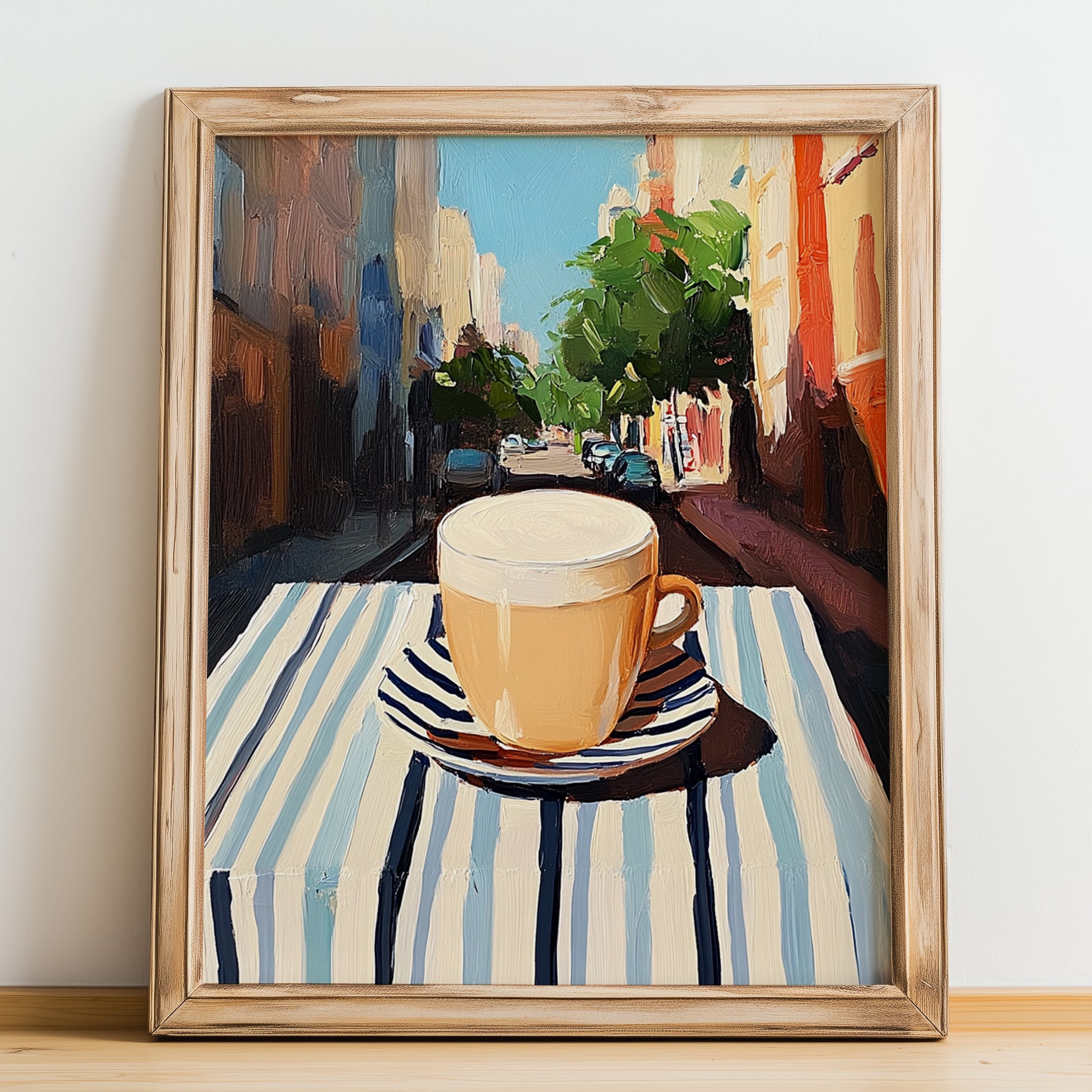 Flat White – Australian Street Café Scene, Australian Coffee Wall Decor, no-text version framed in wood
