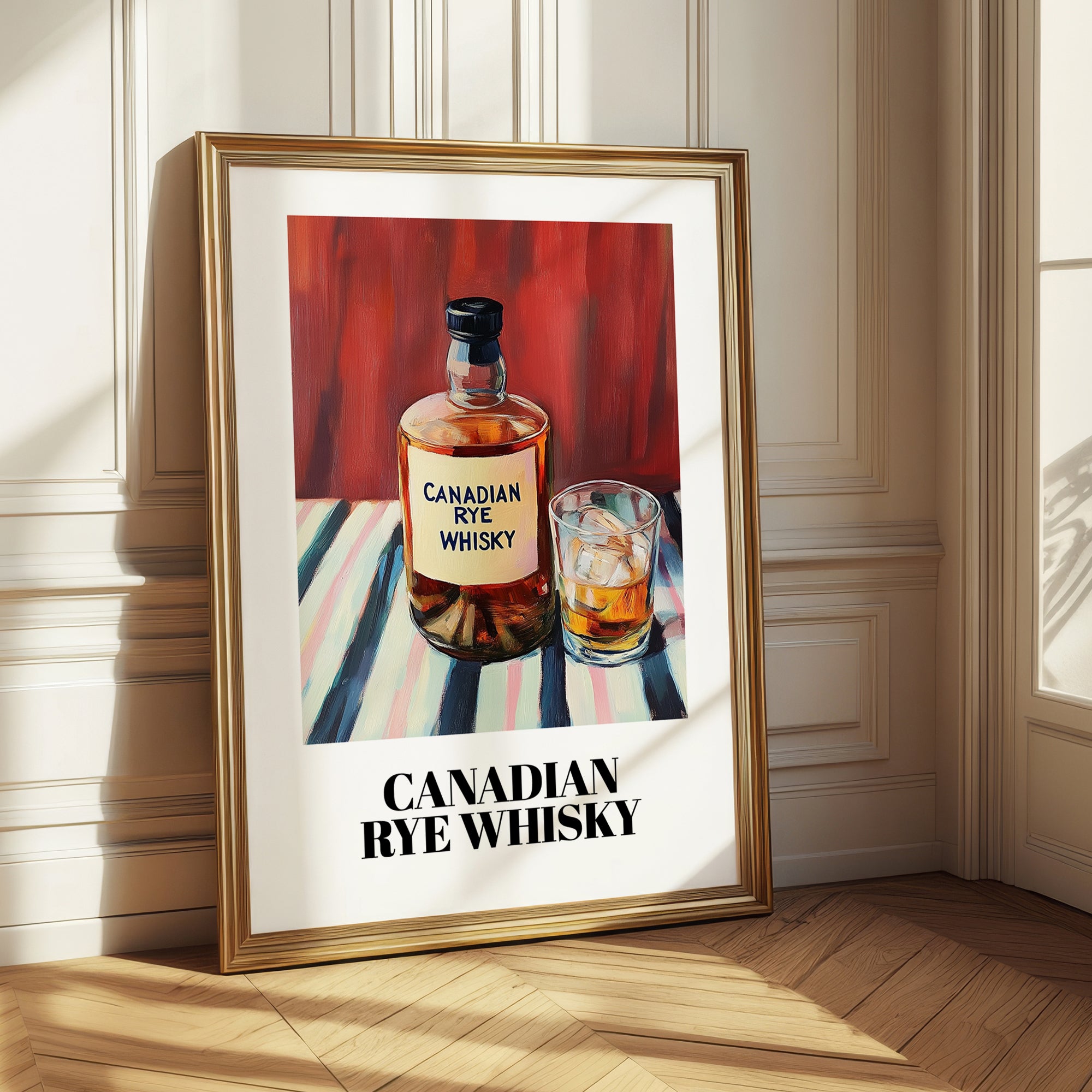 Canadian Rye Whisky – on Striped Tablecloth, Canadian Coffee Wall Decor