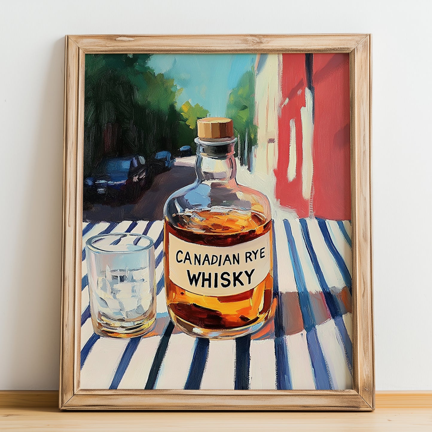 Canadian Rye Whisky – Canadian Café on the Corner, Canadian Whiskey Print, no-text version framed in wood