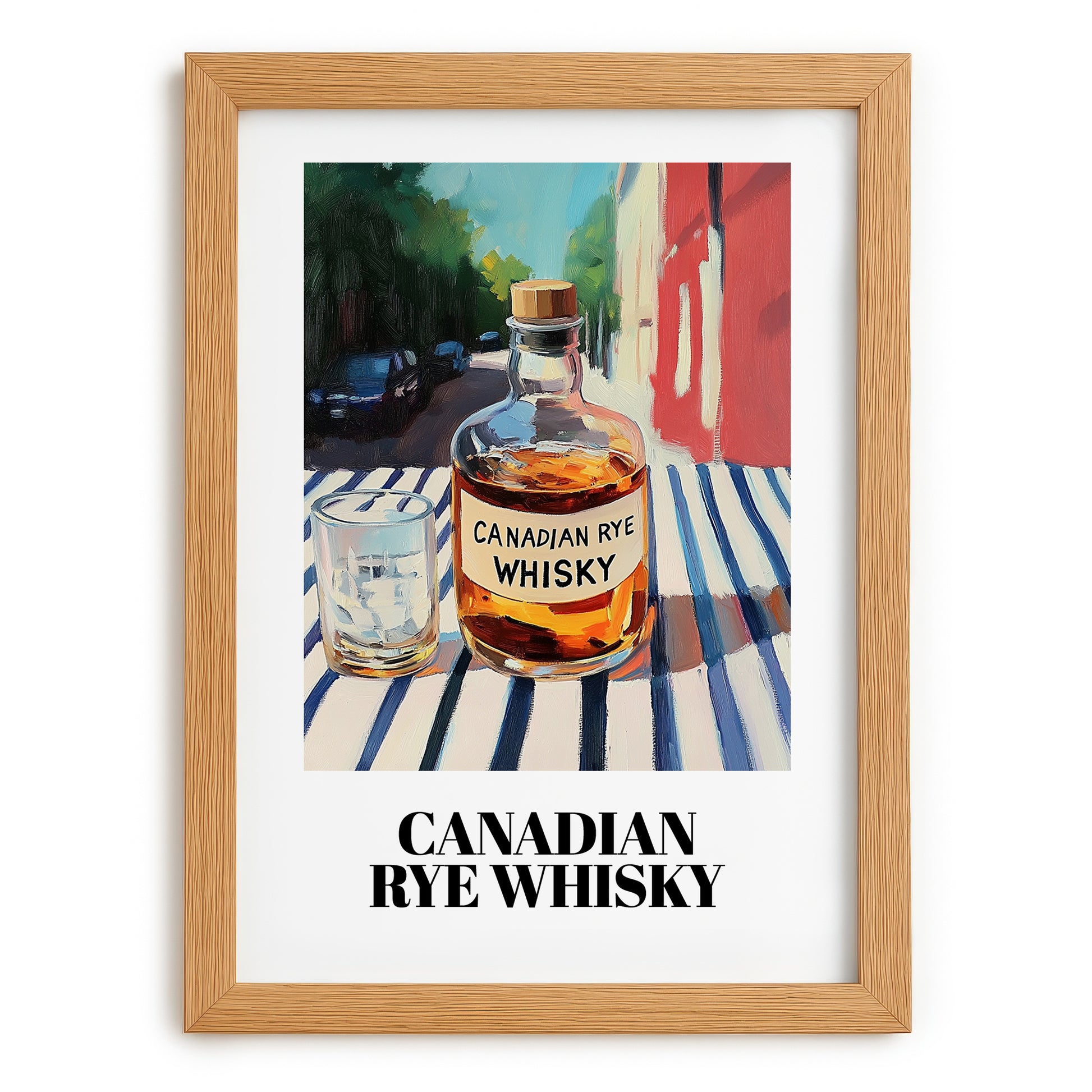 Canadian Rye Whisky – Canadian Café on the Corner, Canadian Whiskey Print, set in oak frame